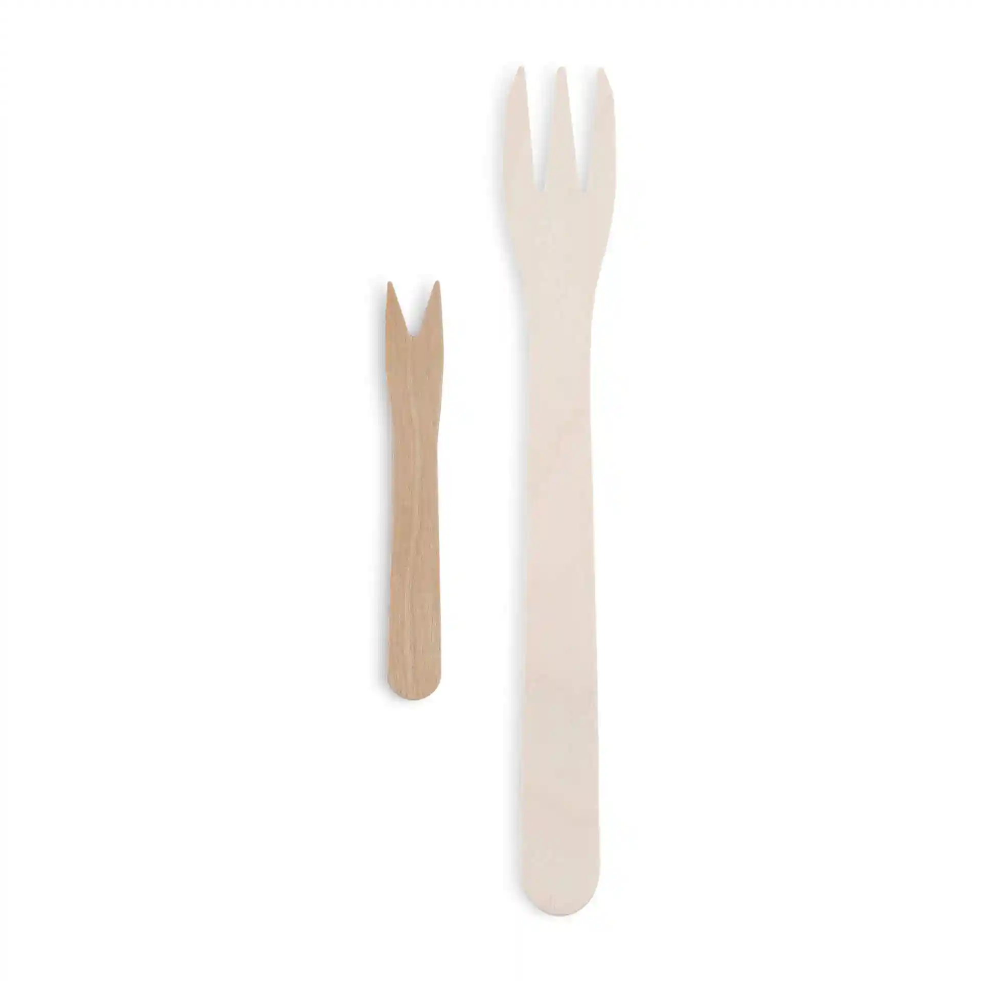 Image de deux fourchettes en bois pour chips, l'une plus grande et l'autre plus petite, toutes deux à bouts fourchus sur fond blanc.