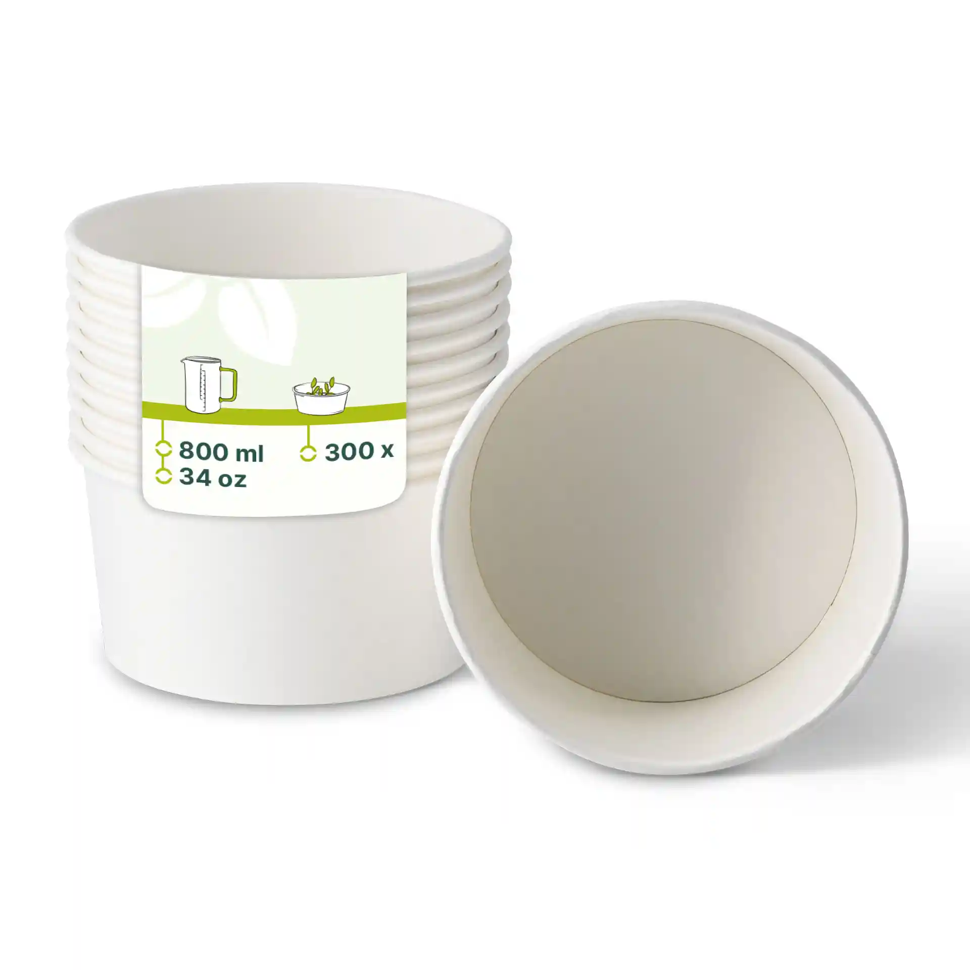 Empilement de bols en papier blancs avec une étiquette indiquant une capacité de 800 ml et des dimensions, un bol est tourné pour montrer l'intérieur.