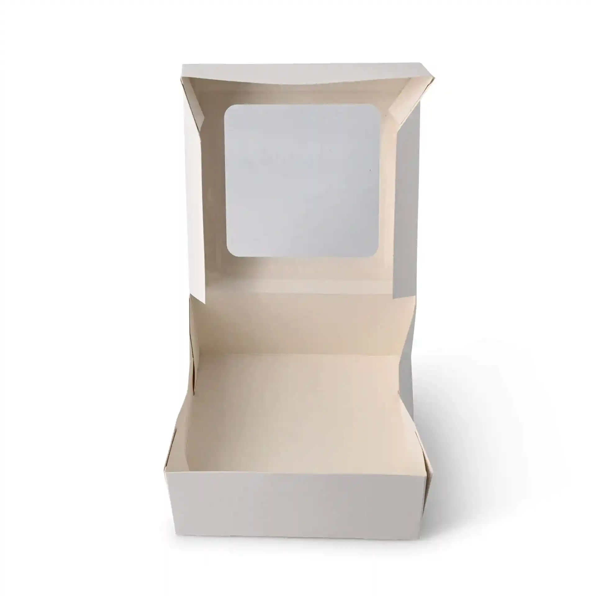 Boîte à pâtisserie en carton blanc de forme carrée avec fenêtre, mesurant 18 x 18 x 7,5 cm.