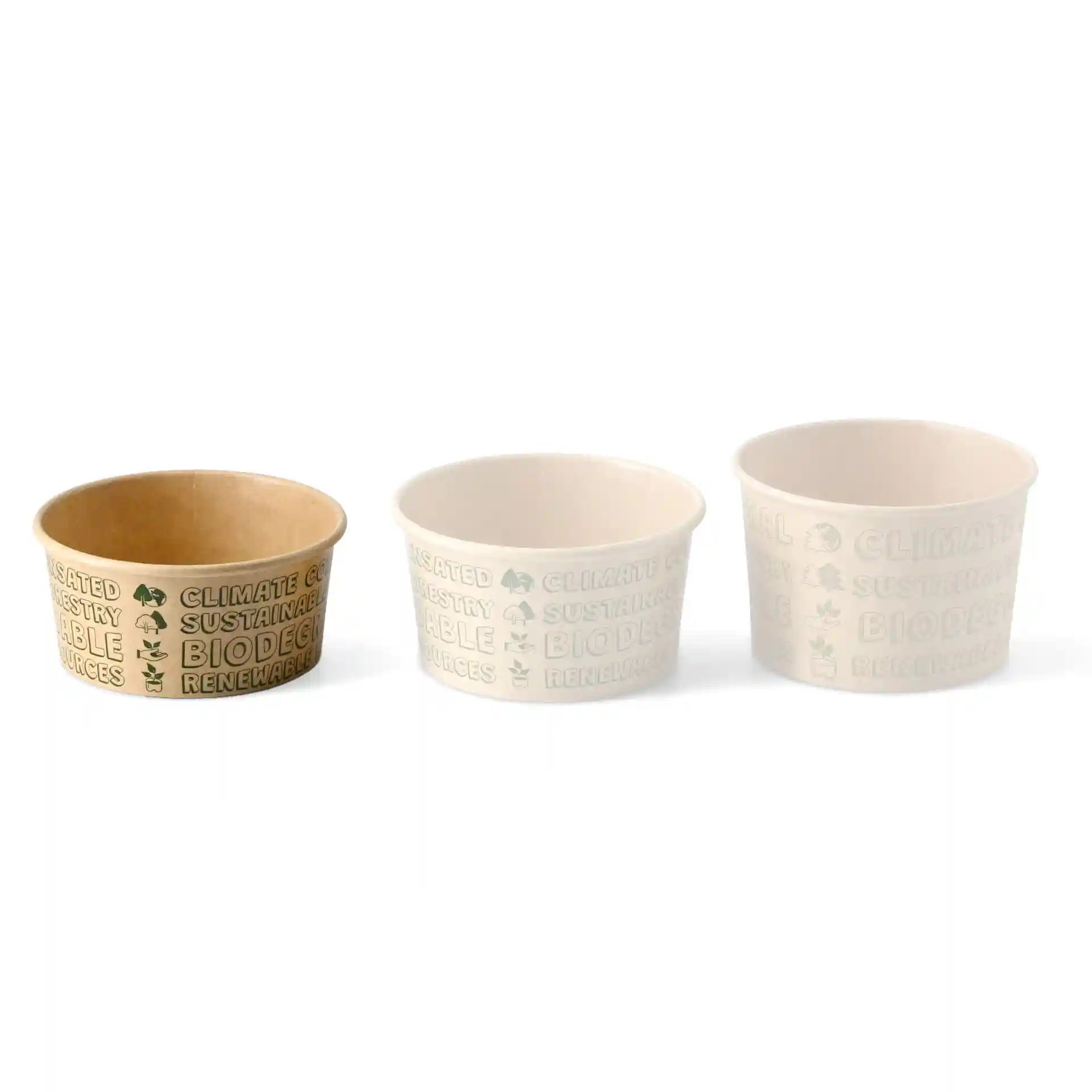 Coupes en papier rondes pour glace, marron, d'un diamètre de 92 mm et d'une hauteur de 42 mm.