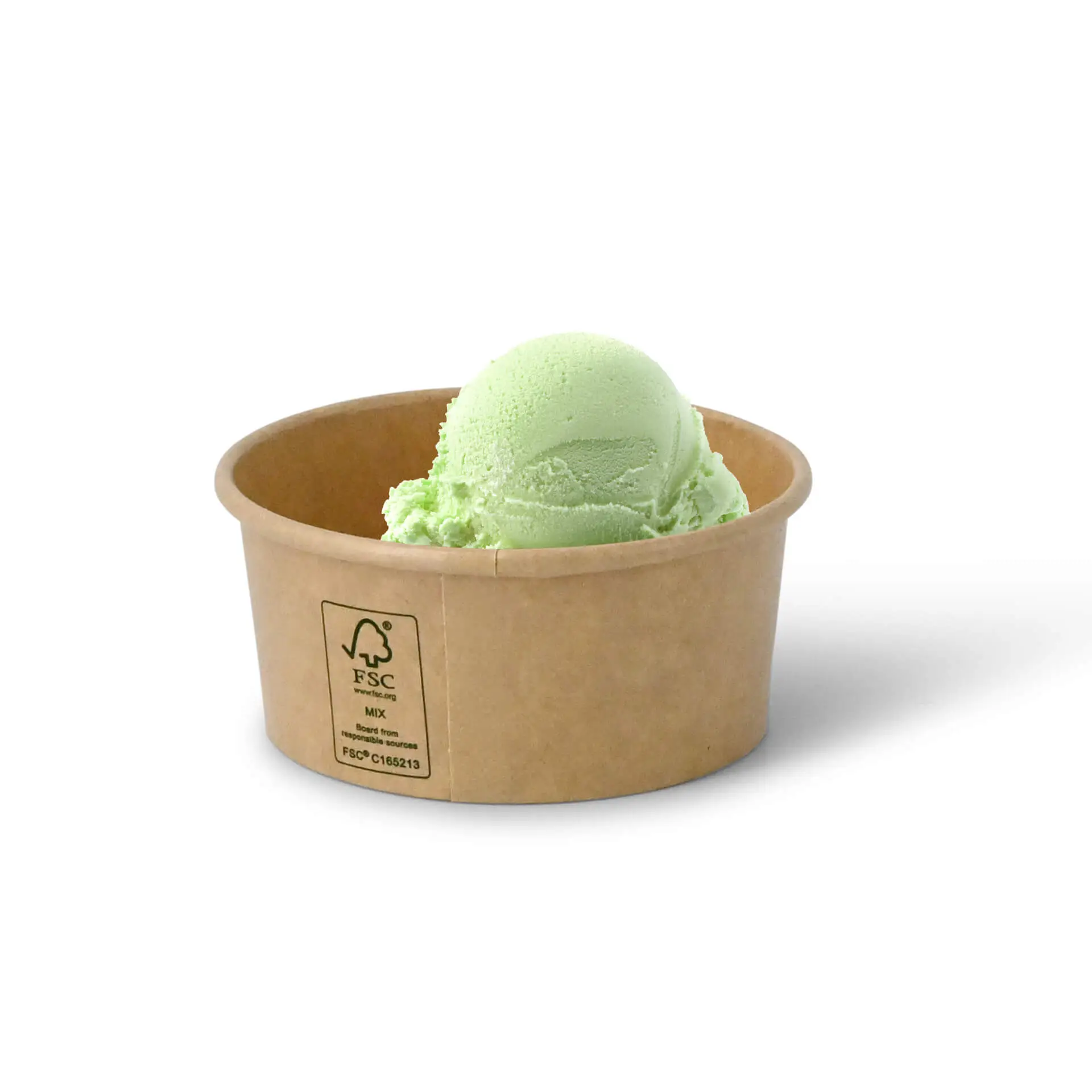 Une boule de glace verte dans un gobelet en papier brun de 6 oz avec certification FSC et une barrière à base d'eau.