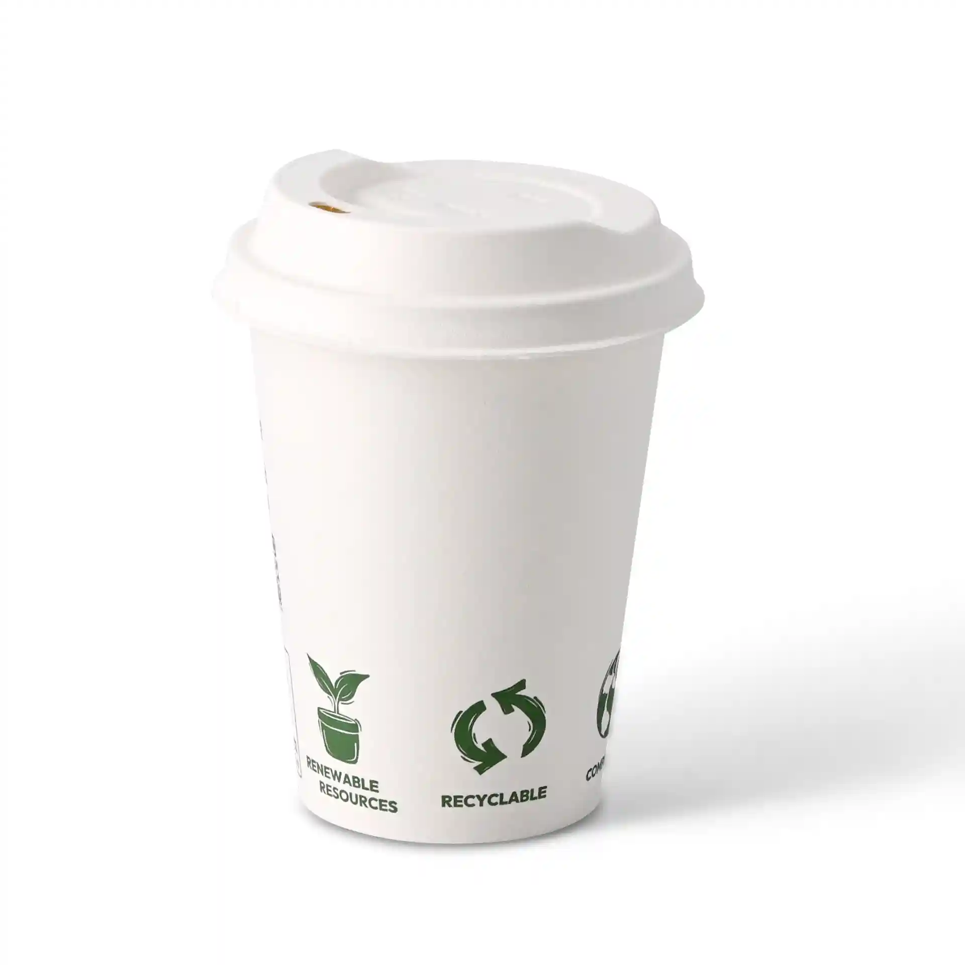 Gobelet en papier blanc avec couvercle, capacité de 300 ml, avec des icônes vertes pour les ressources renouvelables et le recyclage.