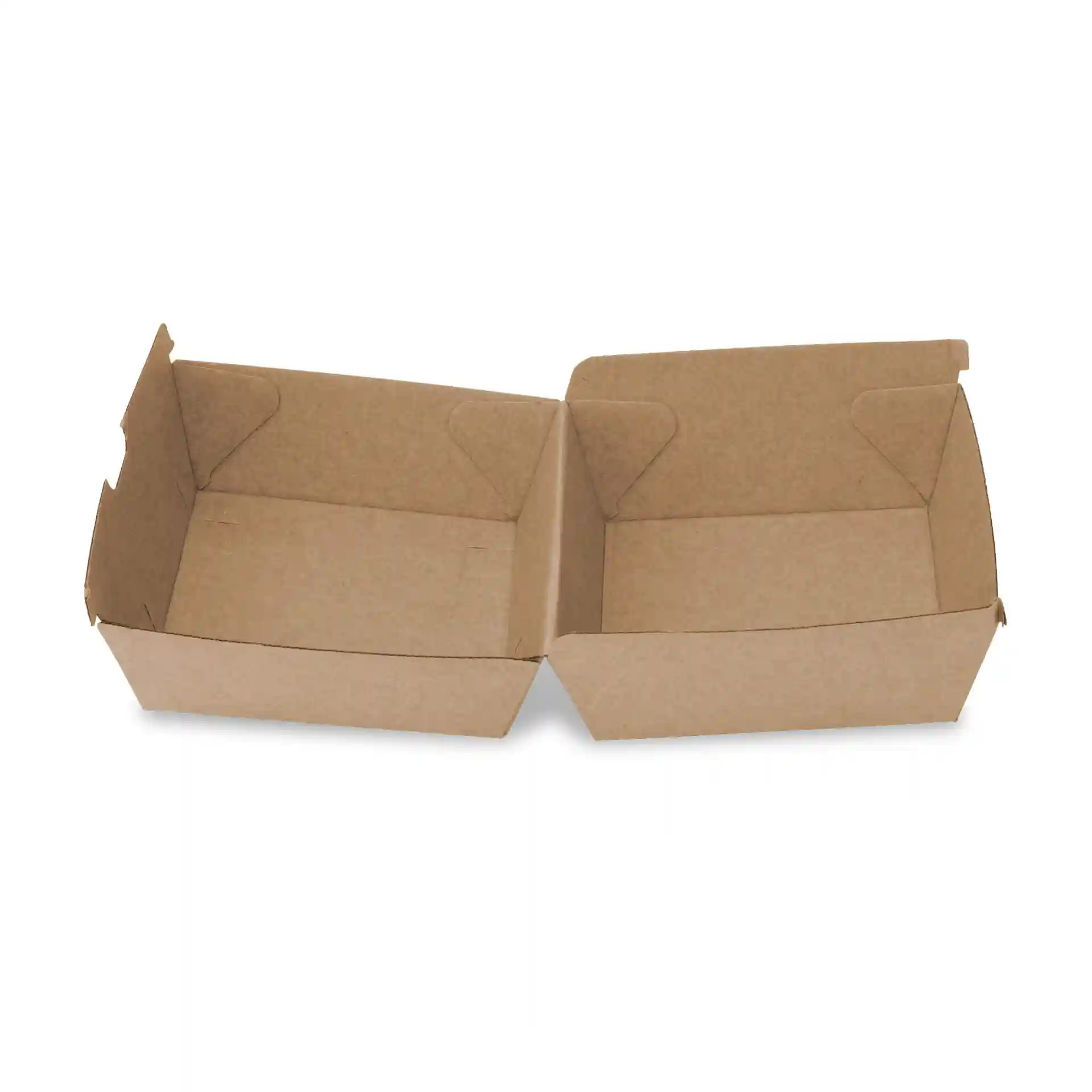 Boîte à burger en carton marron de forme carrée, mesurant 13 x 14 x 8 cm, présentée ouverte.