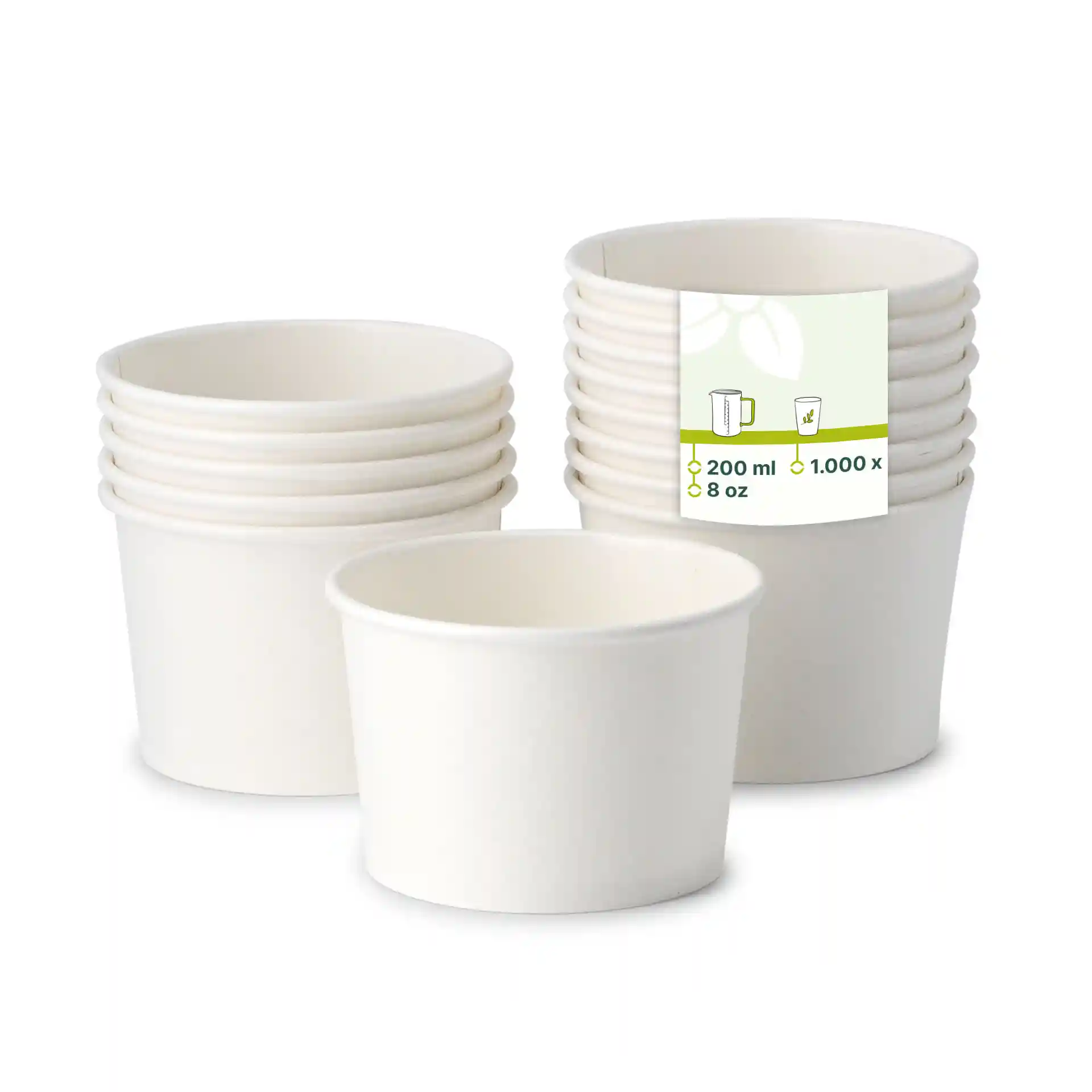 Tasses à soupe en carton blanc empilées, avec une tasse devant et une étiquette indiquant les dimensions et le volume.