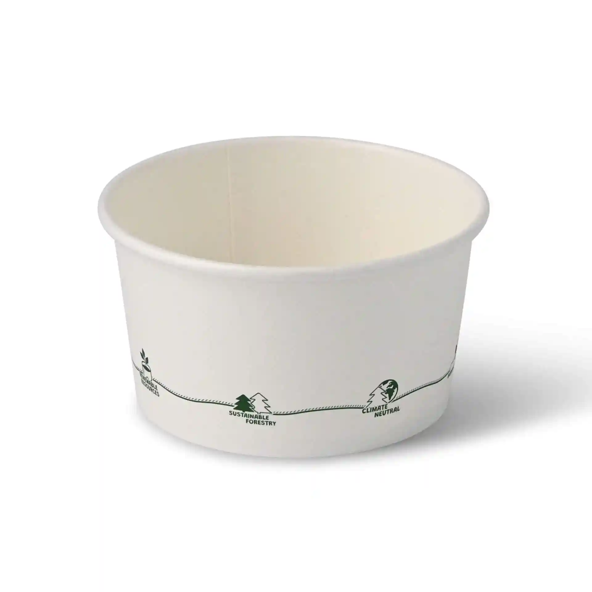 Conteneur rond en carton pour soupe avec icônes écologiques imprimées, capacité de 12 oz, diamètre de 115 mm en haut.