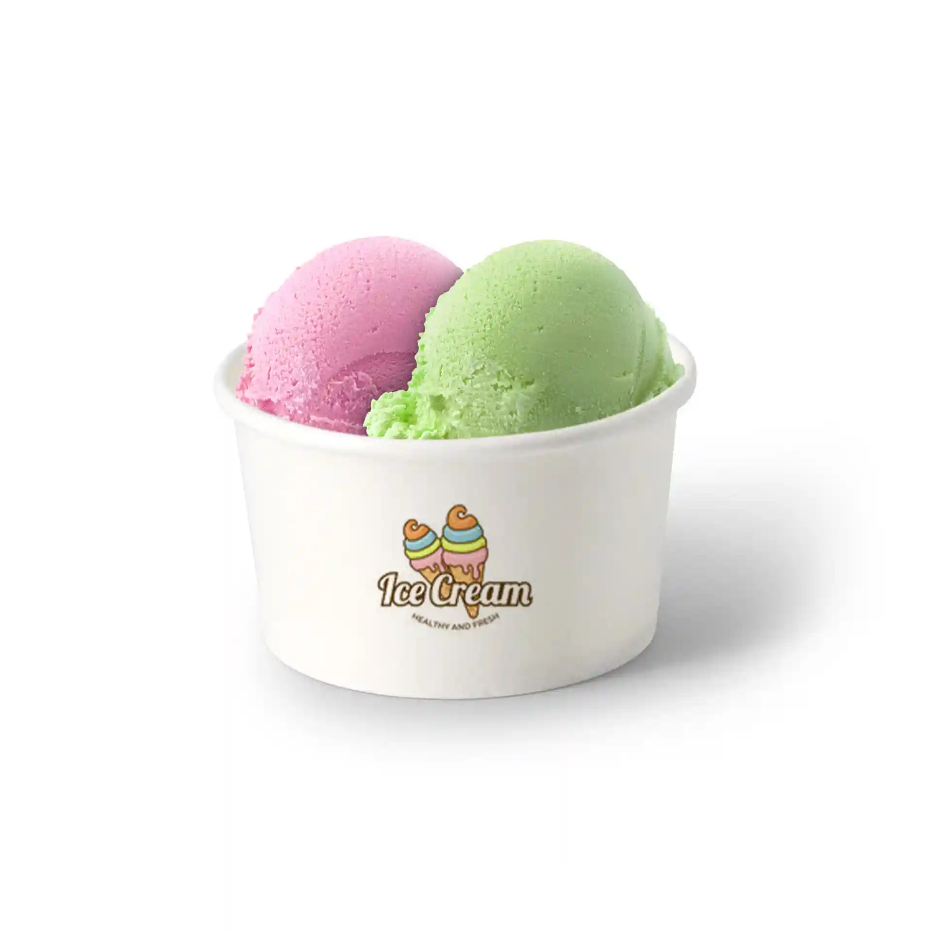 Gobelet contenant deux boules de glace, une rose et une verte, avec un logo imprimé sur un gobelet en carton blanc.
