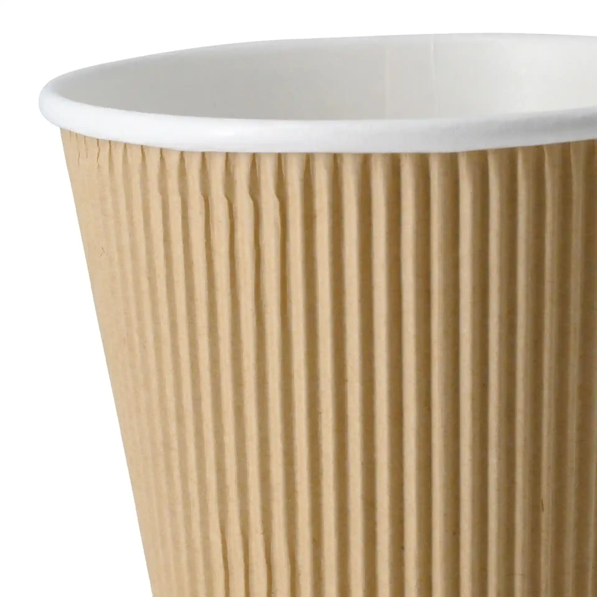 Gobelet en carton ondulé marron pour soupe avec intérieur blanc, mesurant 115 mm de diamètre en haut.