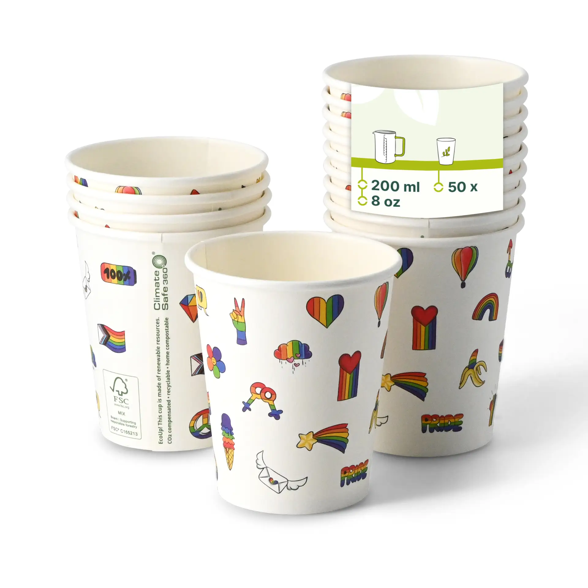 Gobelet en carton imprimé "Pride" 200 ml / 8 oz, Ø 80 mm, blanc dhd045571-pappbecher-bedruckt-pride-200-ml-8-oz-80-mm-weiss