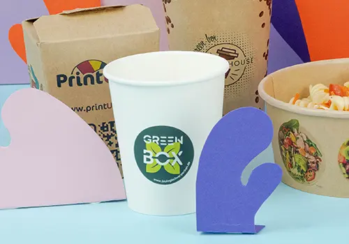Étiquette personnalisée imprimée sur le couvercle d'un conteneur en papier kraft, montrant un design coloré avec le mot "Logo."