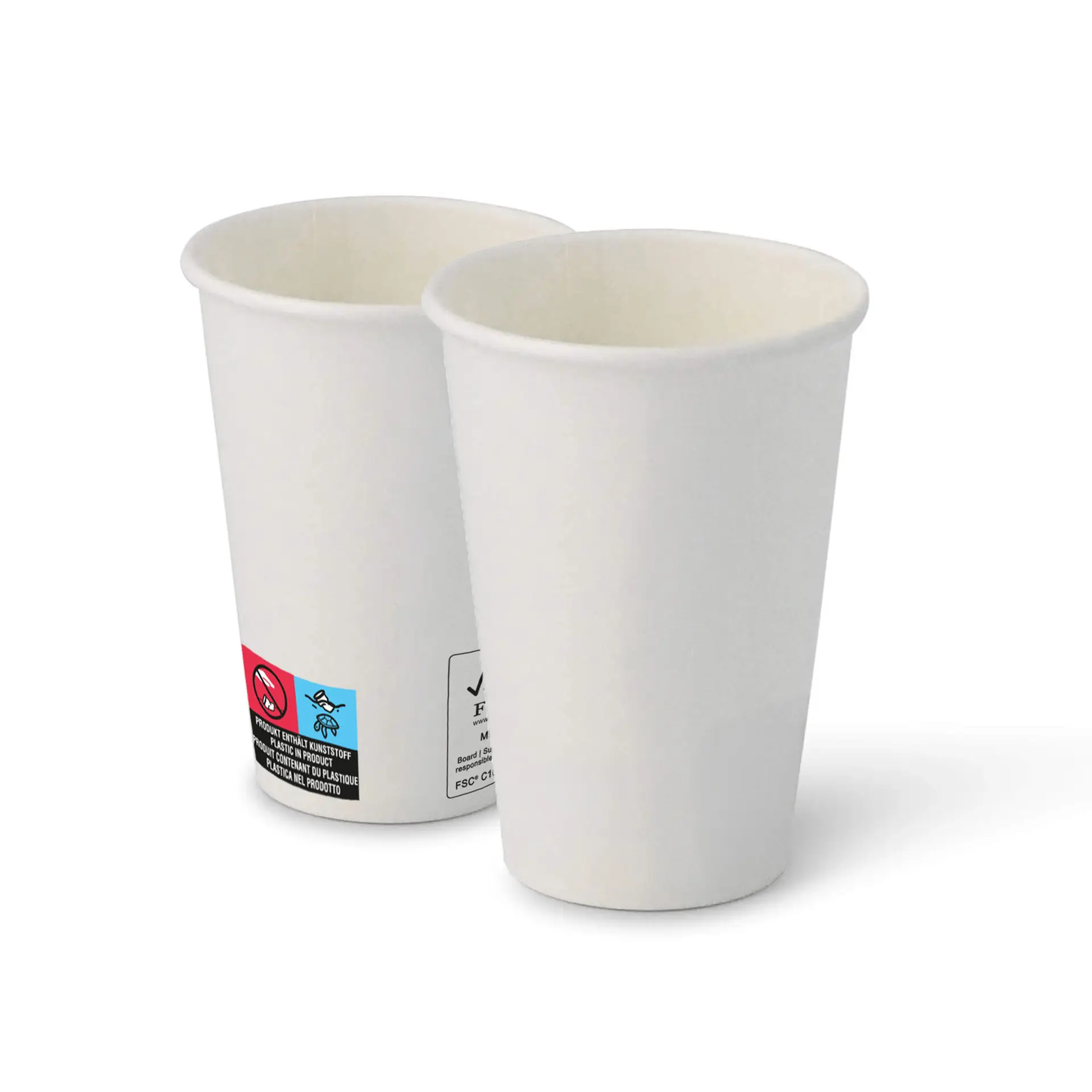 Deux gobelets en papier blancs de forme ronde, montrant un revêtement intérieur et des étiquettes sur le côté.