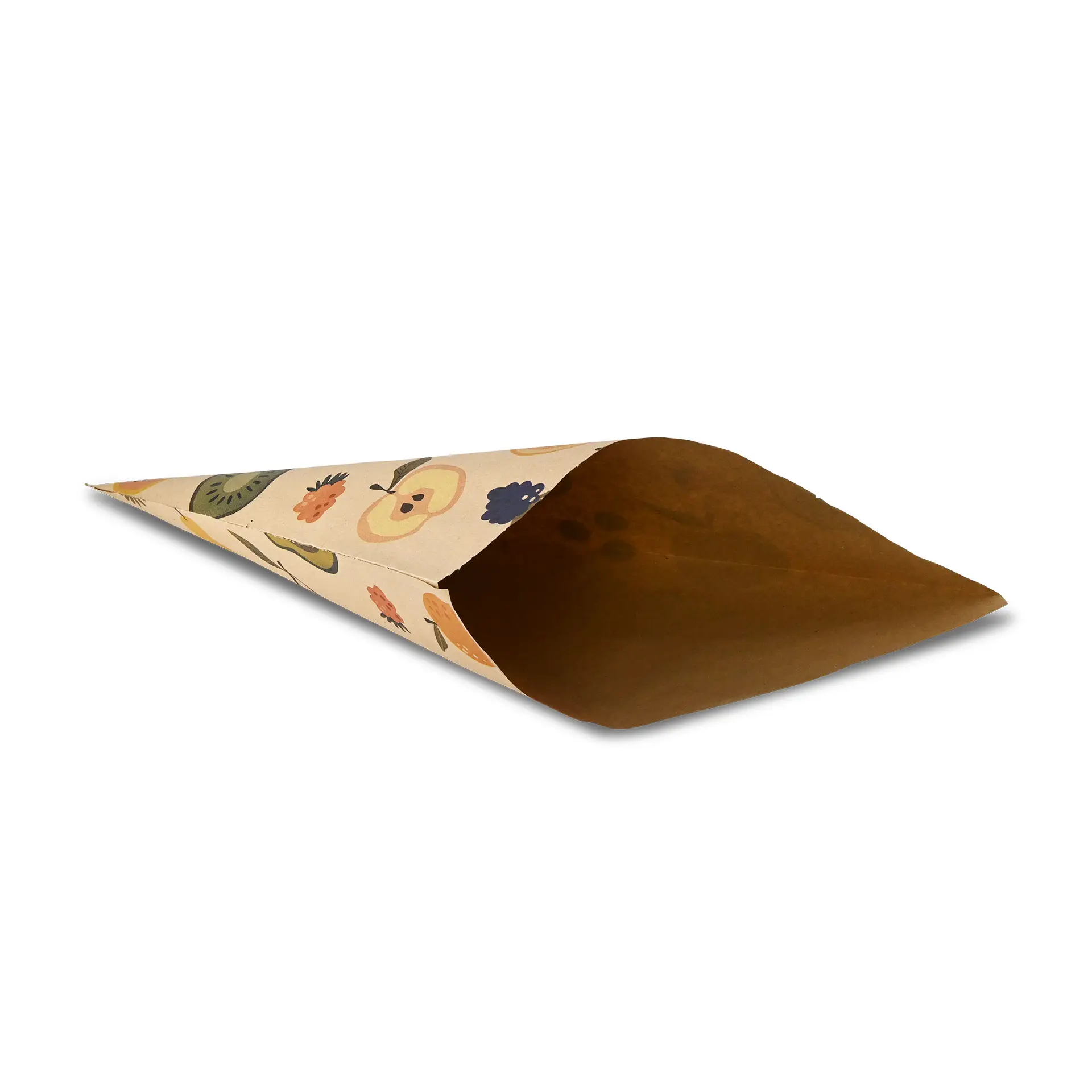 Cornet en papier avec un extérieur brun et un design floral imprimé, idéal pour servir des fruits et légumes.