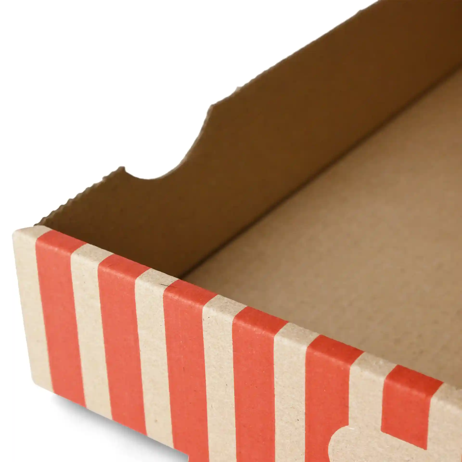 Boîte à pizza en carton avec un intérieur marron et un design rayé rouge et blanc à l'extérieur.