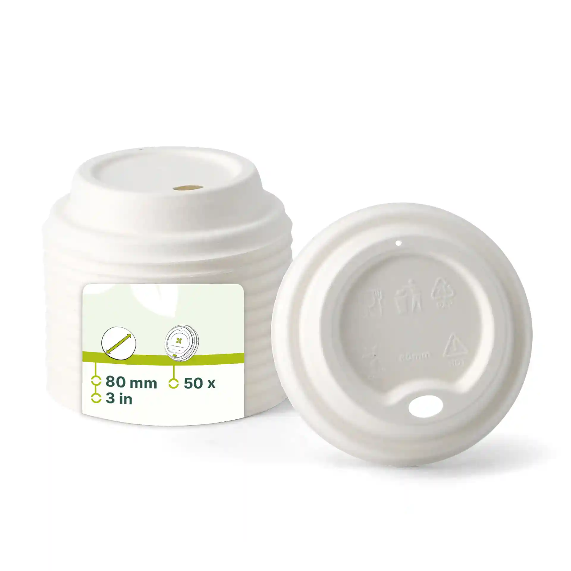 Couvercle en canne à sucre blanc pour gobelets en papier, diamètre de 80 mm, hauteur de 22 mm, présenté avec une étiquette.