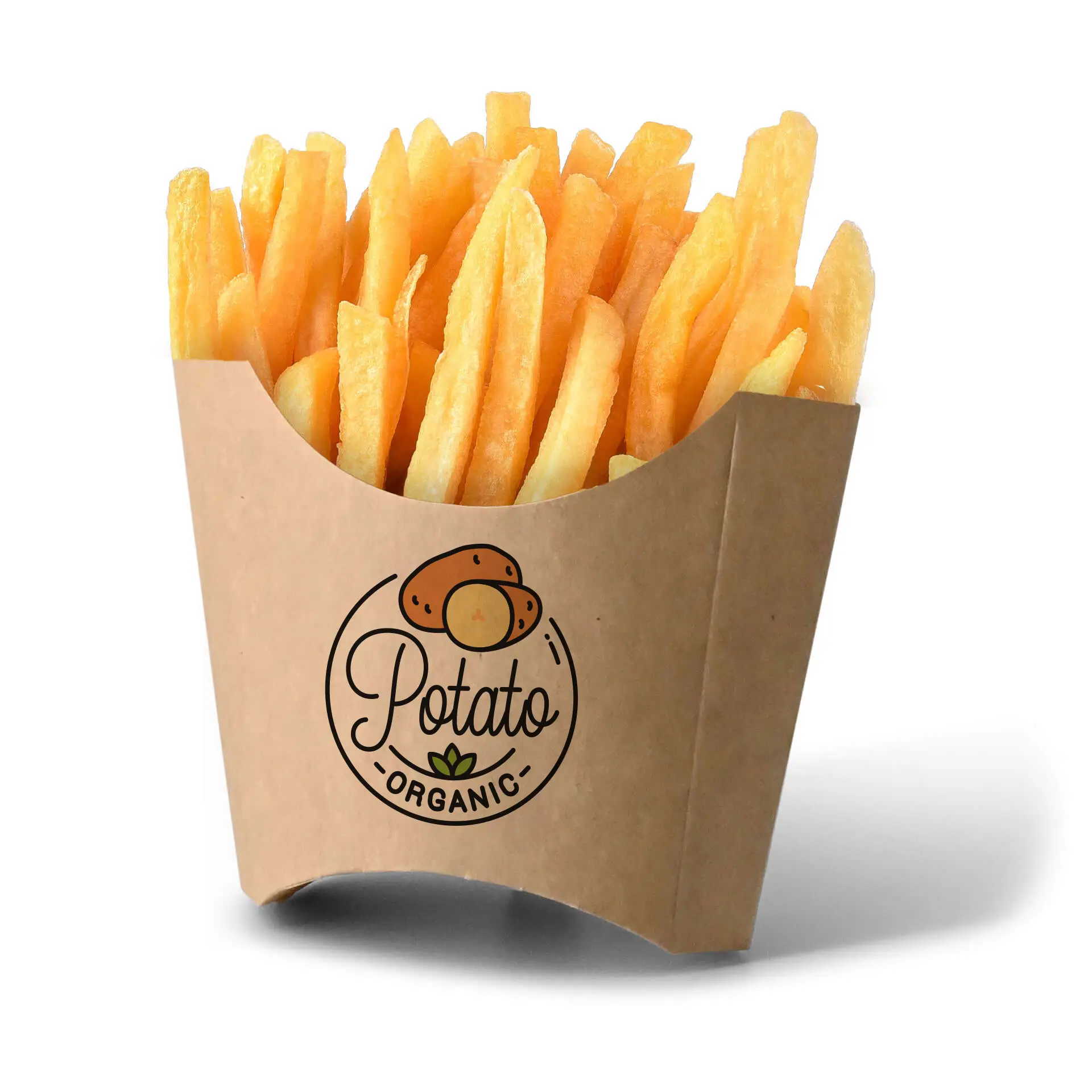 Plateau en carton imprimé sur mesure rempli de frites de pomme de terre fraîchement frites, avec le logo "Potato Organic".