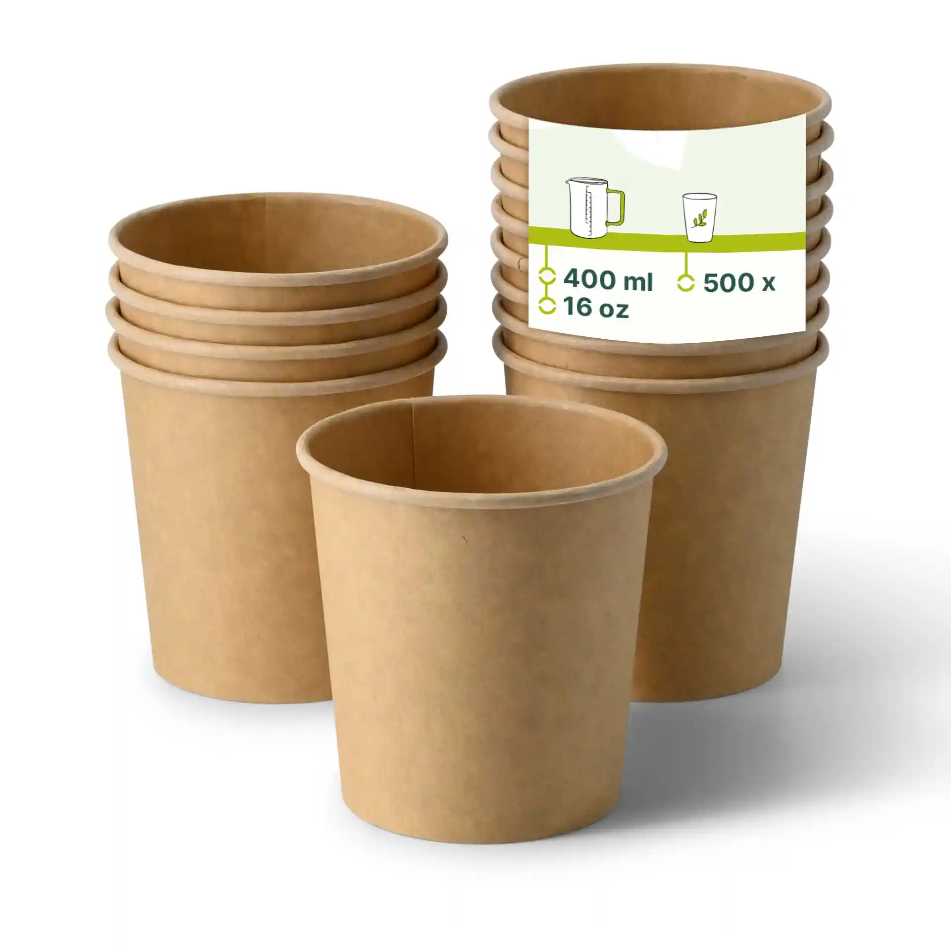 Tasses à soupe en carton brun empilées, avec une tasse devant montrant une étiquette indiquant une capacité de 400 ml et 16 oz.