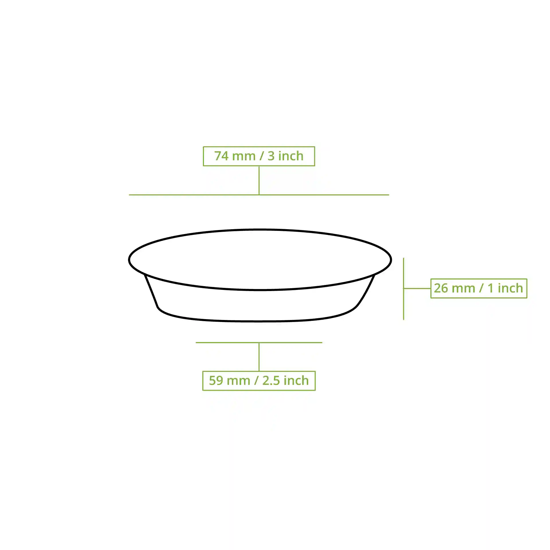 Dessin schématique d'un pot à dip rond avec dimensions : 75 mm de diamètre, 26 mm de hauteur et 59 mm de diamètre de fond.