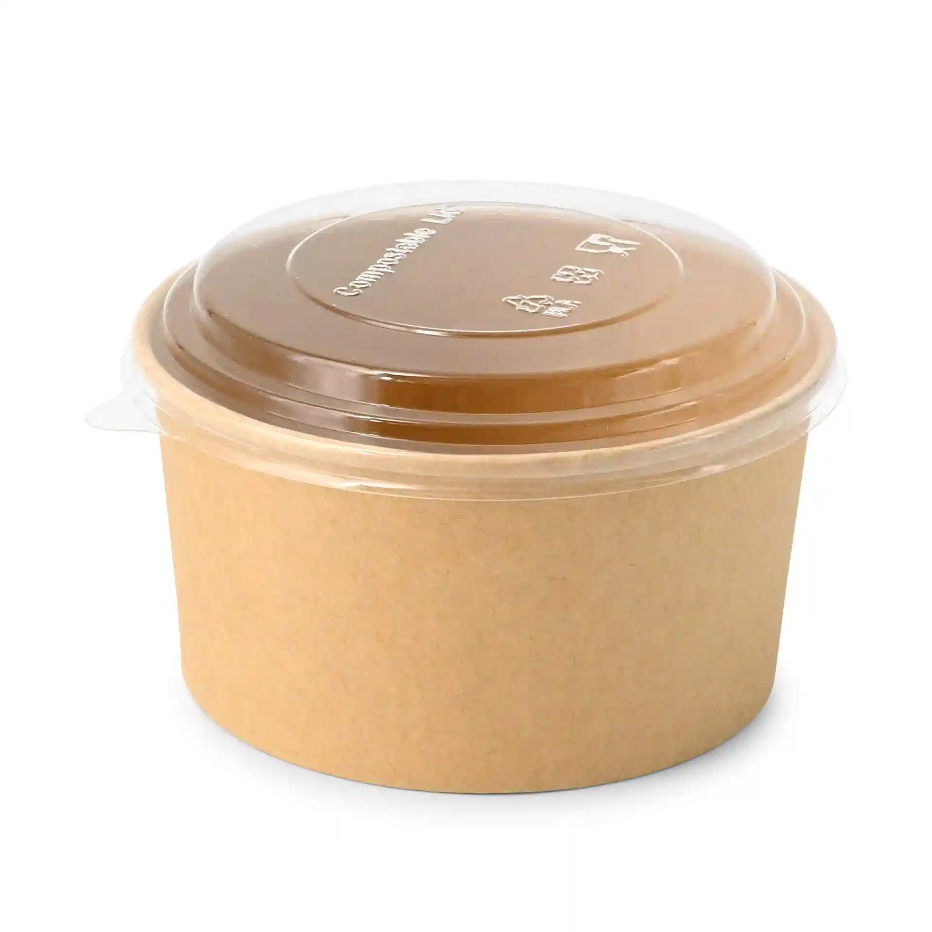 Bol en carton brun avec couvercle transparent, forme ronde, diamètre de 150 mm et hauteur de 75 mm.