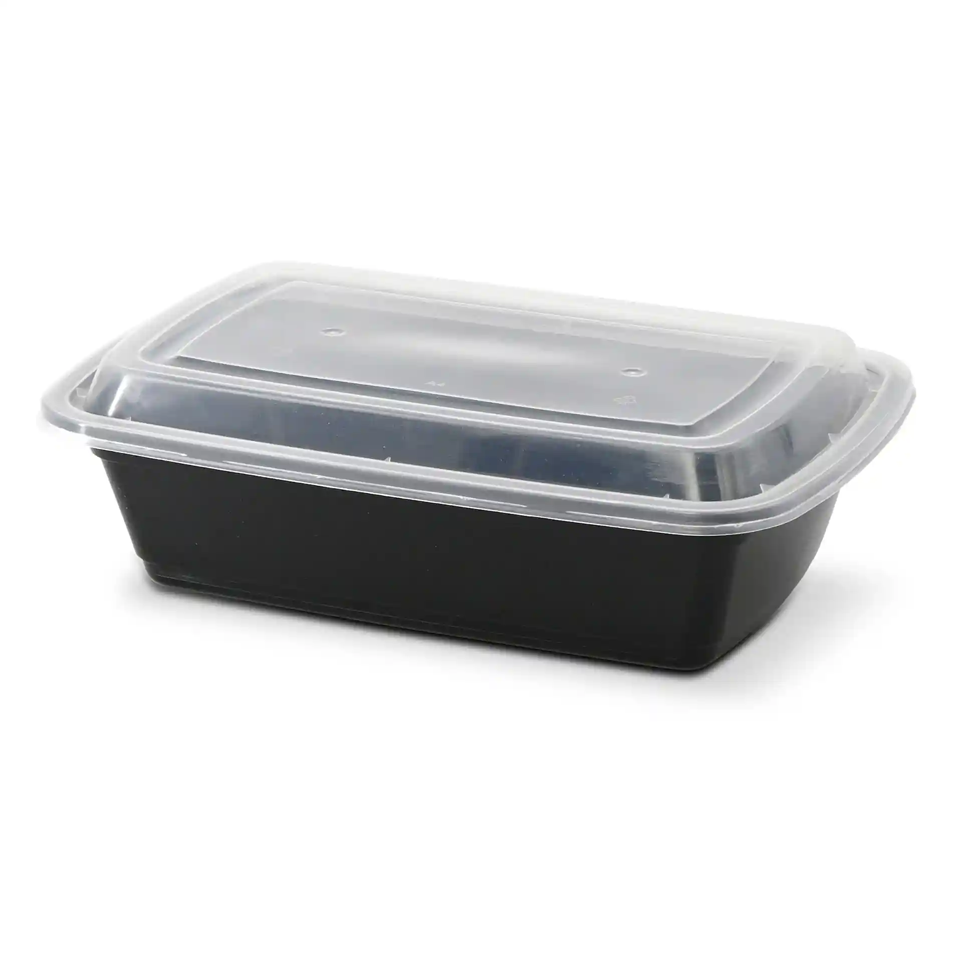 Conteneur rectangulaire noir réutilisable avec un couvercle transparent, mesurant 217 mm de long, 150 mm de large et 52 mm de haut.