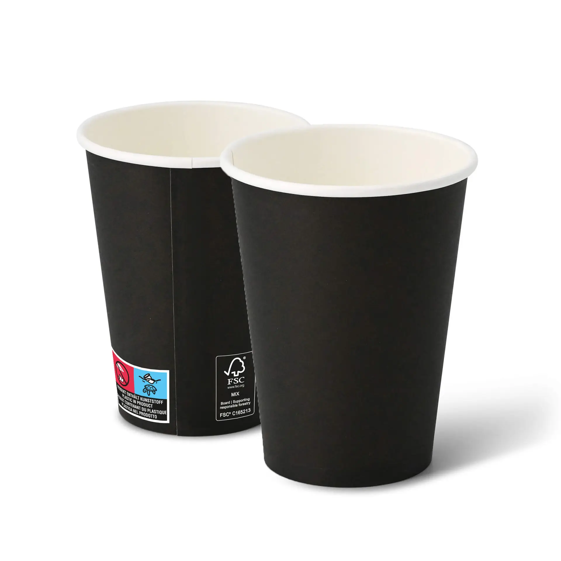 Deux gobelets en papier noirs de 12 oz avec un revêtement en PE ; l'un au premier plan avec une étiquette visible, l'autre légèrement transparent.