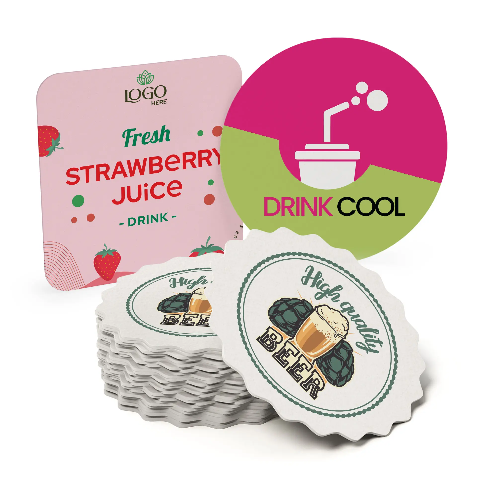Coasters à bière imprimés carrés avec des designs personnalisables, y compris des coasters avec étiquettes de boisson et une illustration de bière.