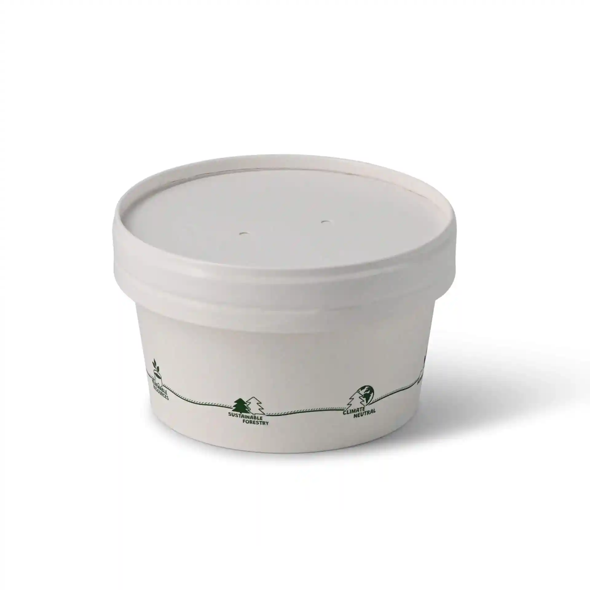Conteneur rond en carton pour soupe avec un design imprimé, doté d'un couvercle et de deux petits trous sur le dessus.