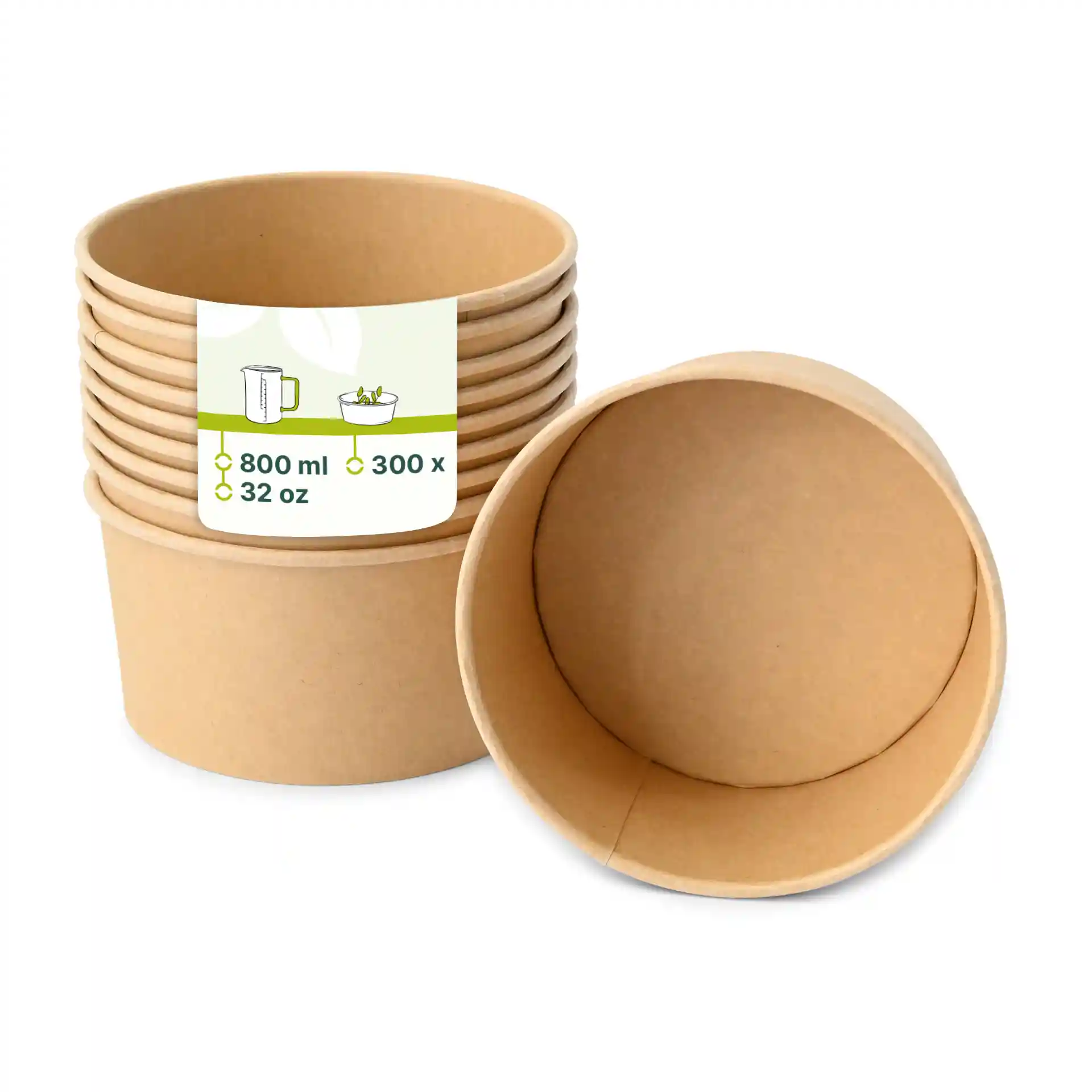 Bols en papier ronds bruns empilés, avec un bol tourné pour montrer l'intérieur et une étiquette indiquant une capacité de 800 ml.