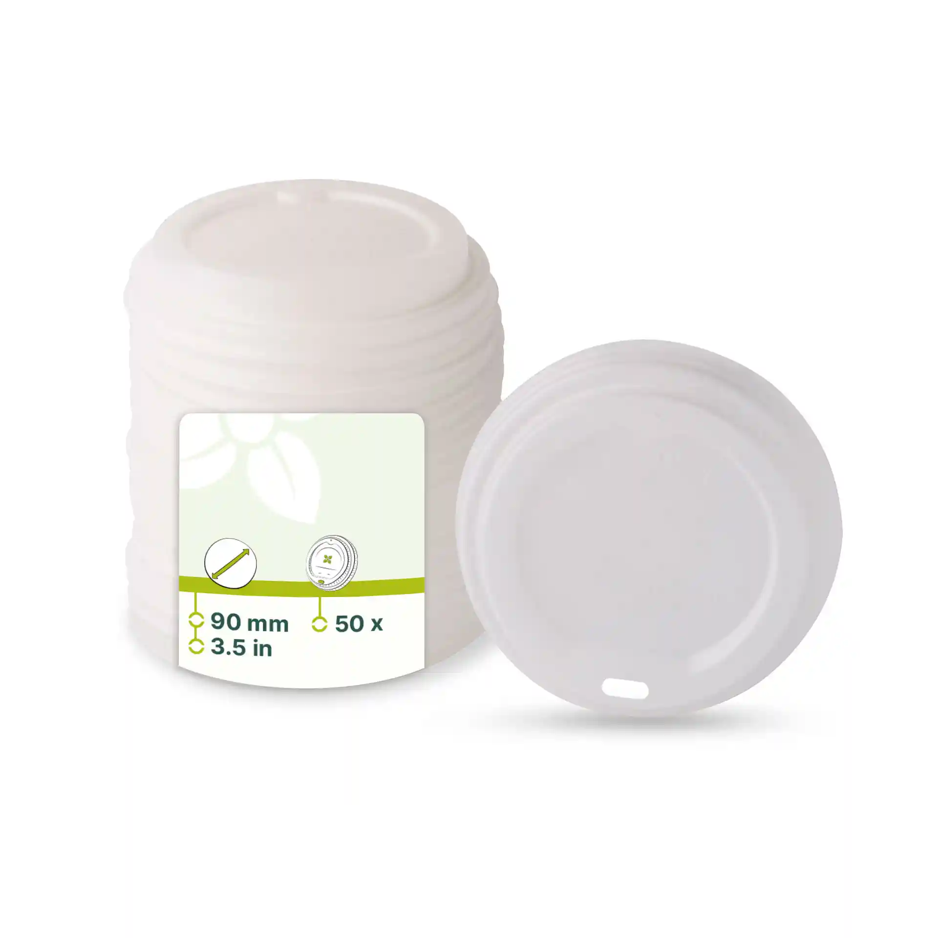 Couvercle CPLA blanc avec un trou pour boire, diamètre de 90 mm, présenté avec une pile de plusieurs couvercles.