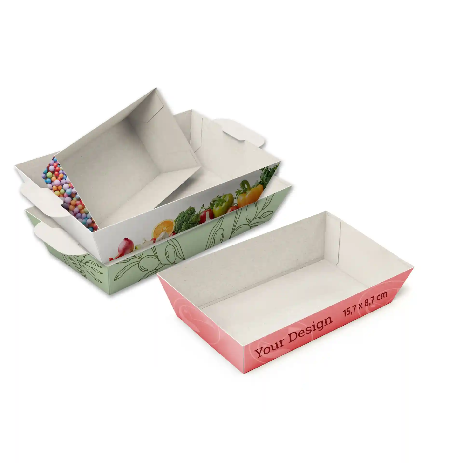 Image de deux plateaux rectangulaires blancs pour collations, l'un avec des bonbons colorés et l'autre avec un design de légumes, mesurant 15,7 x 8,7 cm.