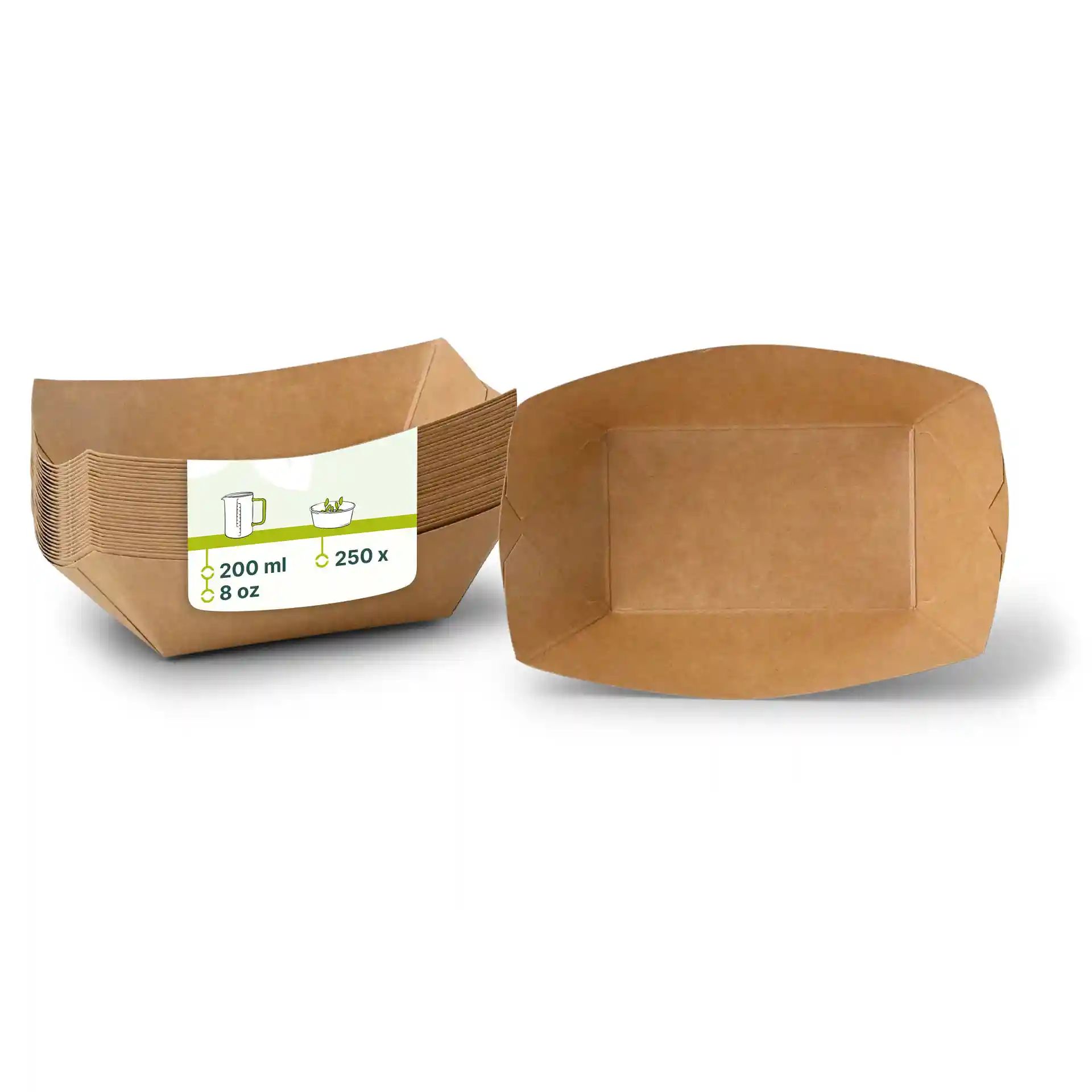 Plateaux à snacks en carton brun empilés avec une étiquette indiquant les dimensions et le volume, un plateau est affiché verticalement.