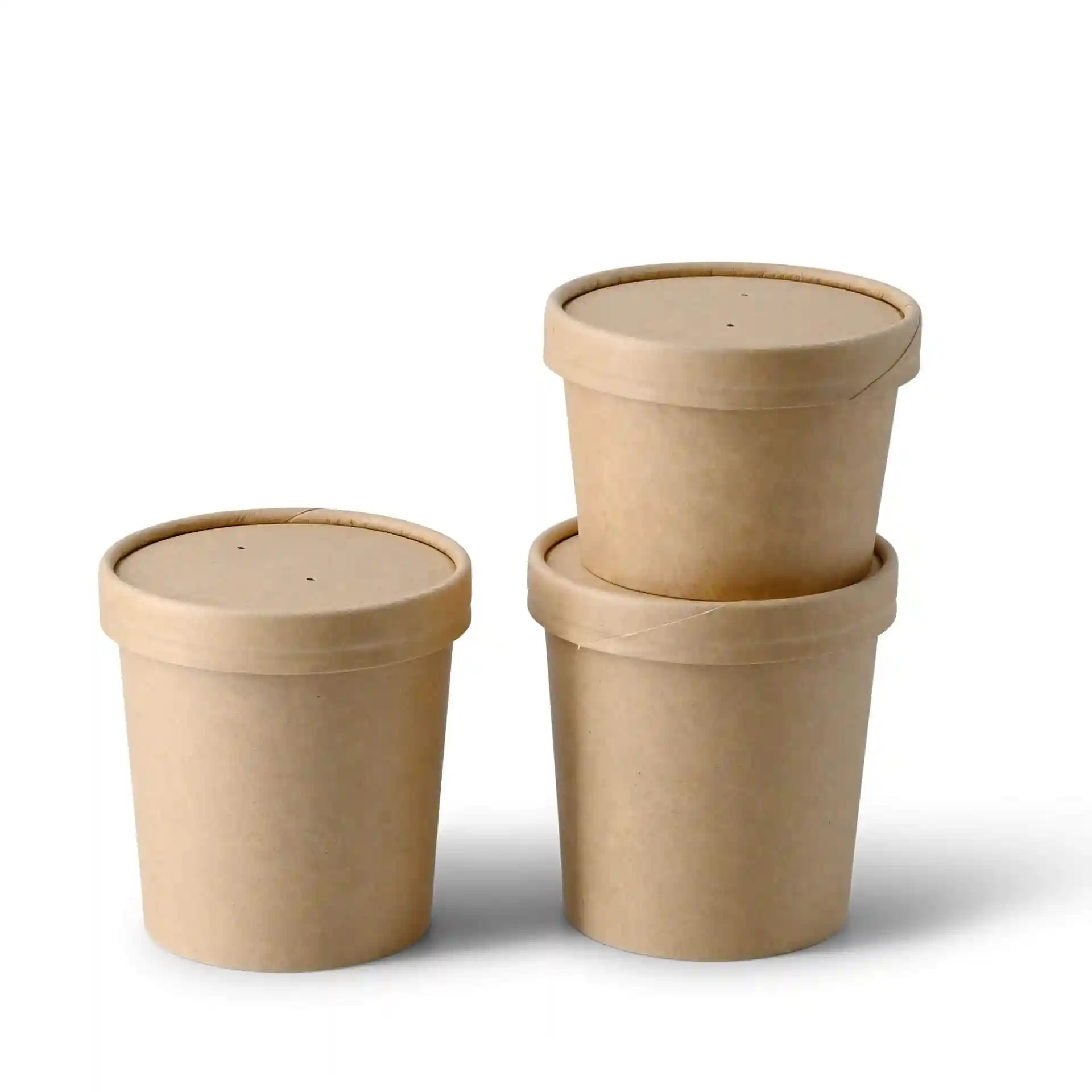 Trois tasses à soupe en carton brun rondes avec couvercles, chacune d'une capacité de 300 ml, empilées ensemble.