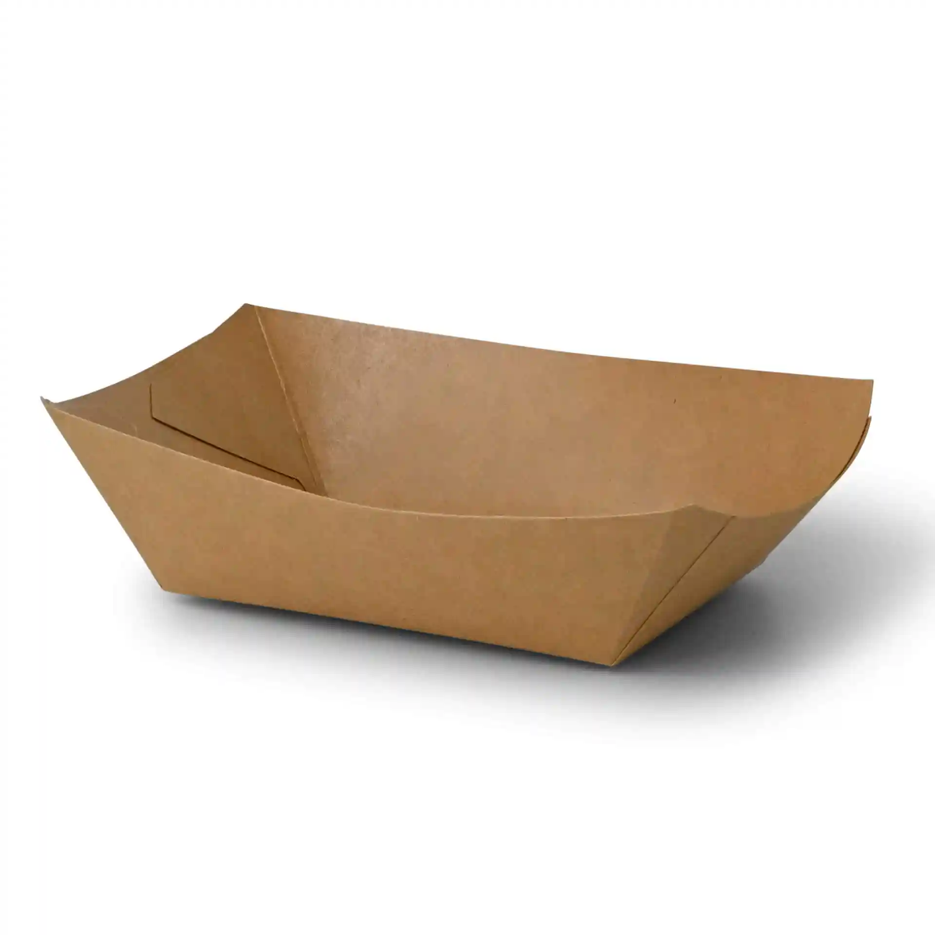 Plateau à snacks en carton brun de dimensions 17 x 12 x 4 cm, avec un design peu profond et ouvert.