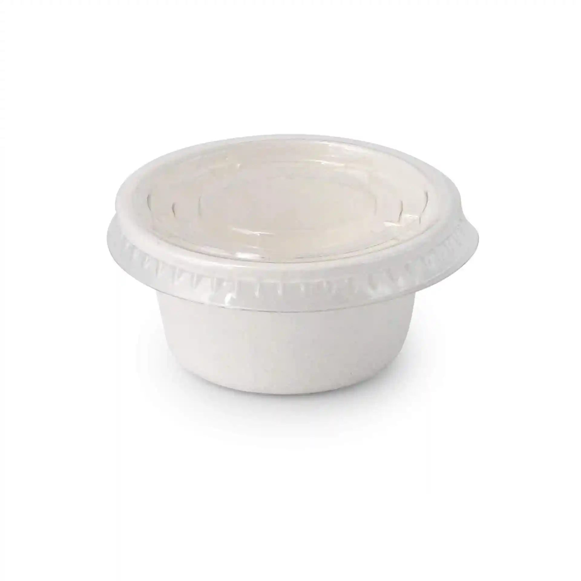Gobelet rond en bagasse d'un diamètre de 62 mm et d'une hauteur de 30 mm, conçu pour un volume de remplissage de 50 ml.