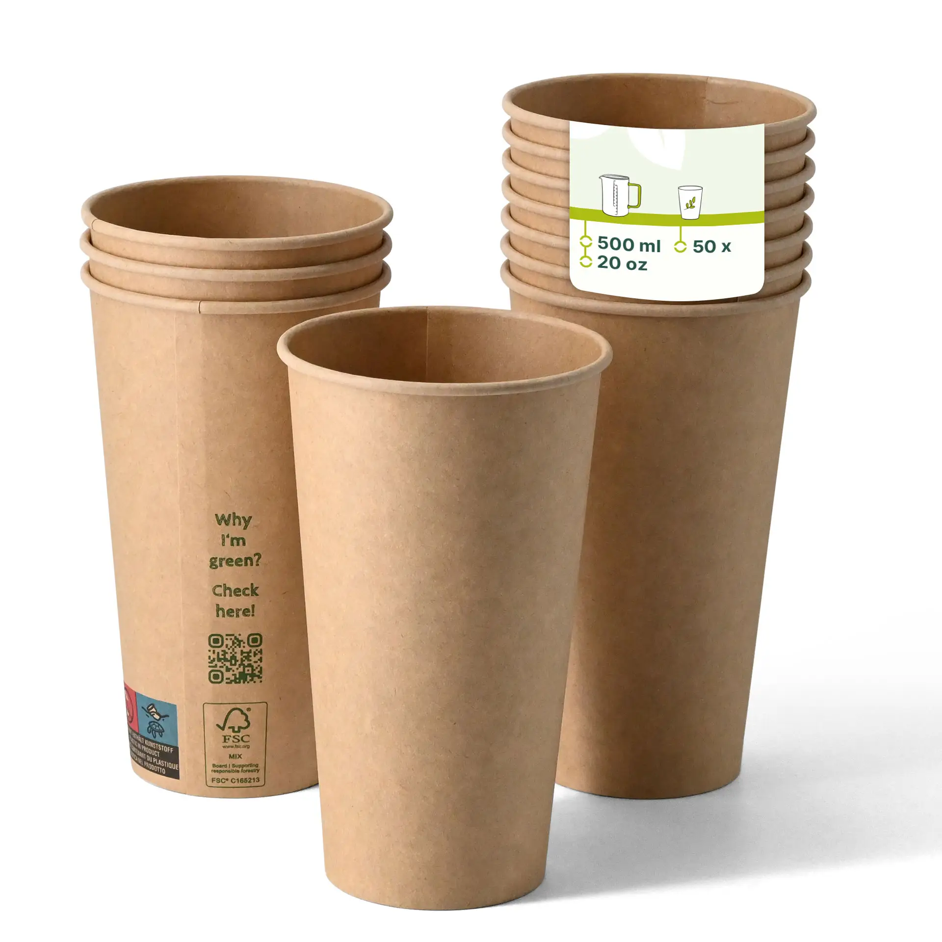 Gobelets en papier marron à simple paroi avec revêtement PLA, adaptés aux boissons chaudes et froides, taille 500 ml, empilés.