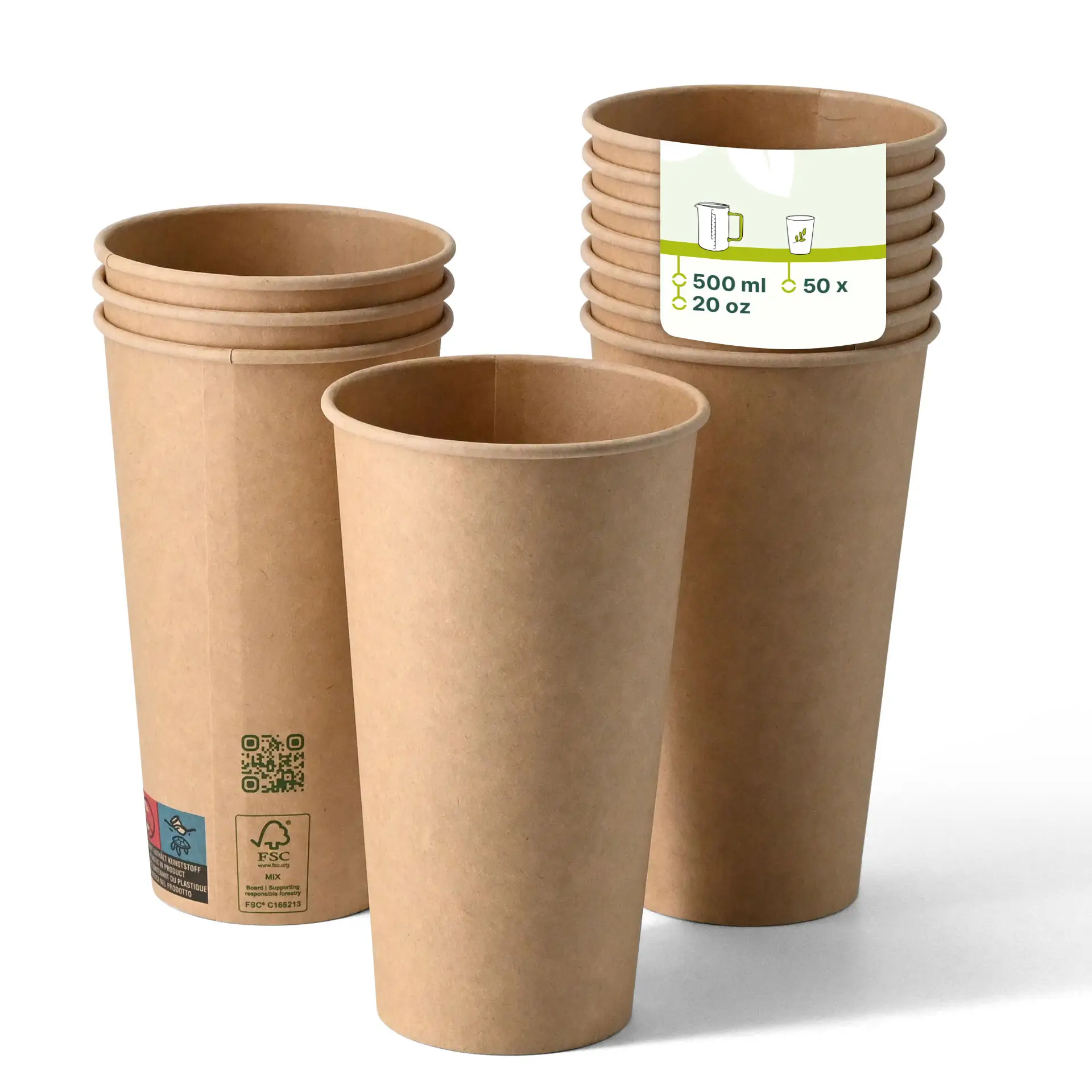 Gobelets en papier marron à simple paroi avec revêtement PLA, adaptés aux boissons chaudes et froides, taille 500 ml, empilés.