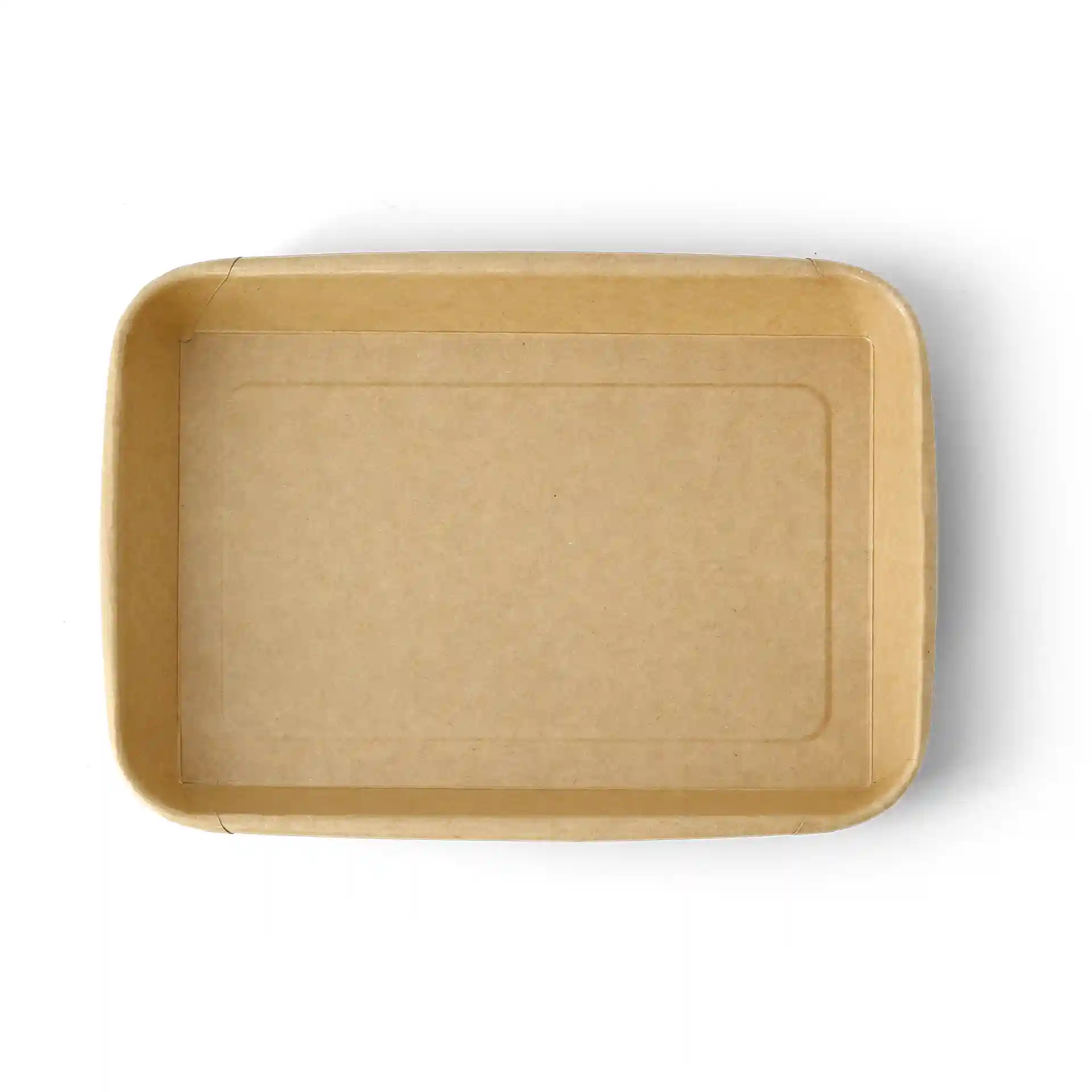 Boîte à sushi rectangulaire brune, revêtue de PE, mesurant 22 x 14 x 2,5 cm, avec un fond plat et des bords légèrement surélevés.