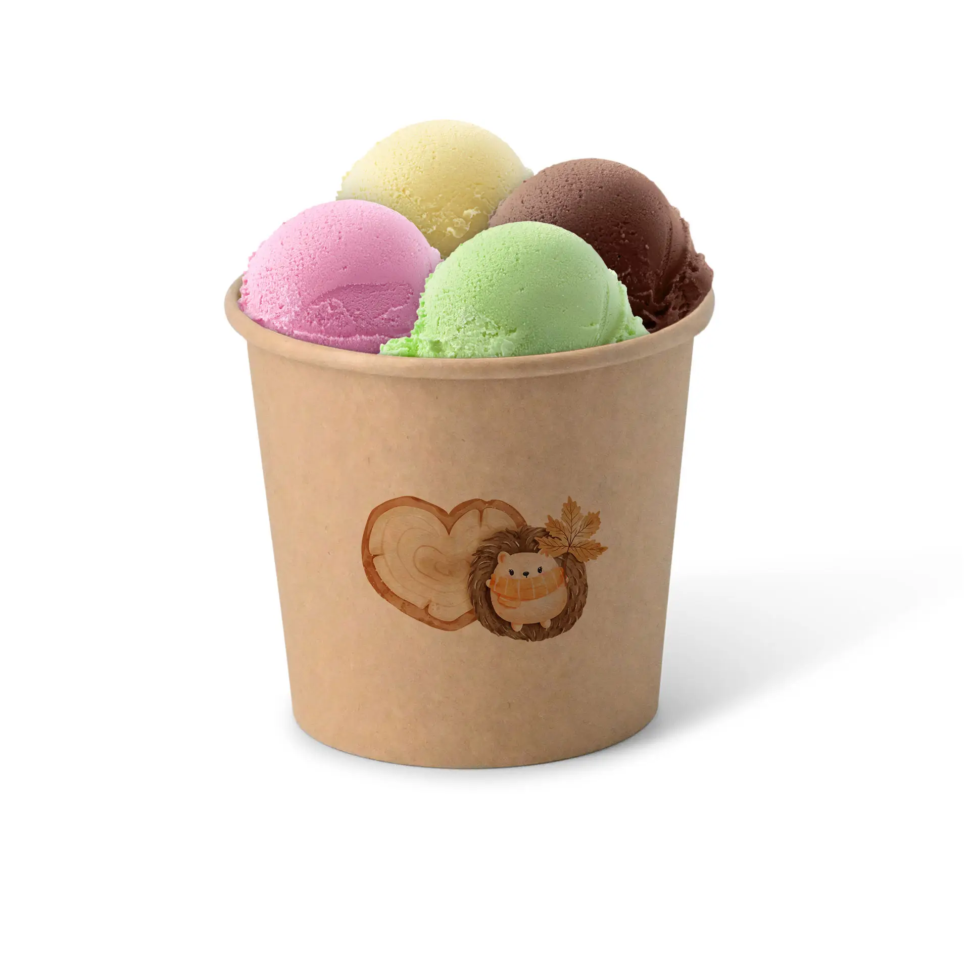 Gobelet avec quatre boules de glace : chocolat, vert menthe, rose et jaune, dans un gobelet en plastique marron avec un design.