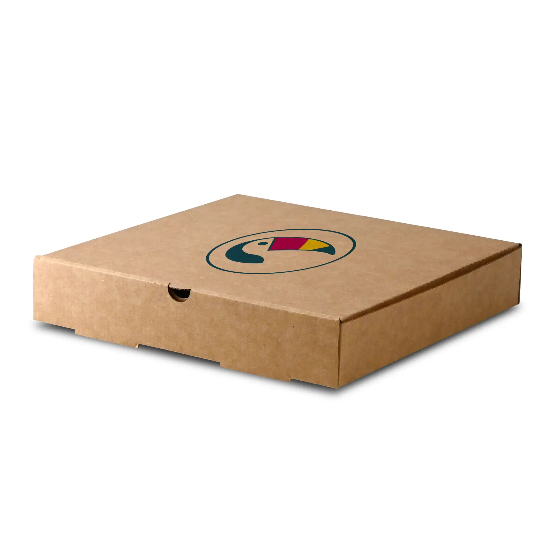 Boîte à pizza brune avec un logo circulaire représentant un toucan, mesurant 26 x 26 x 4 cm.