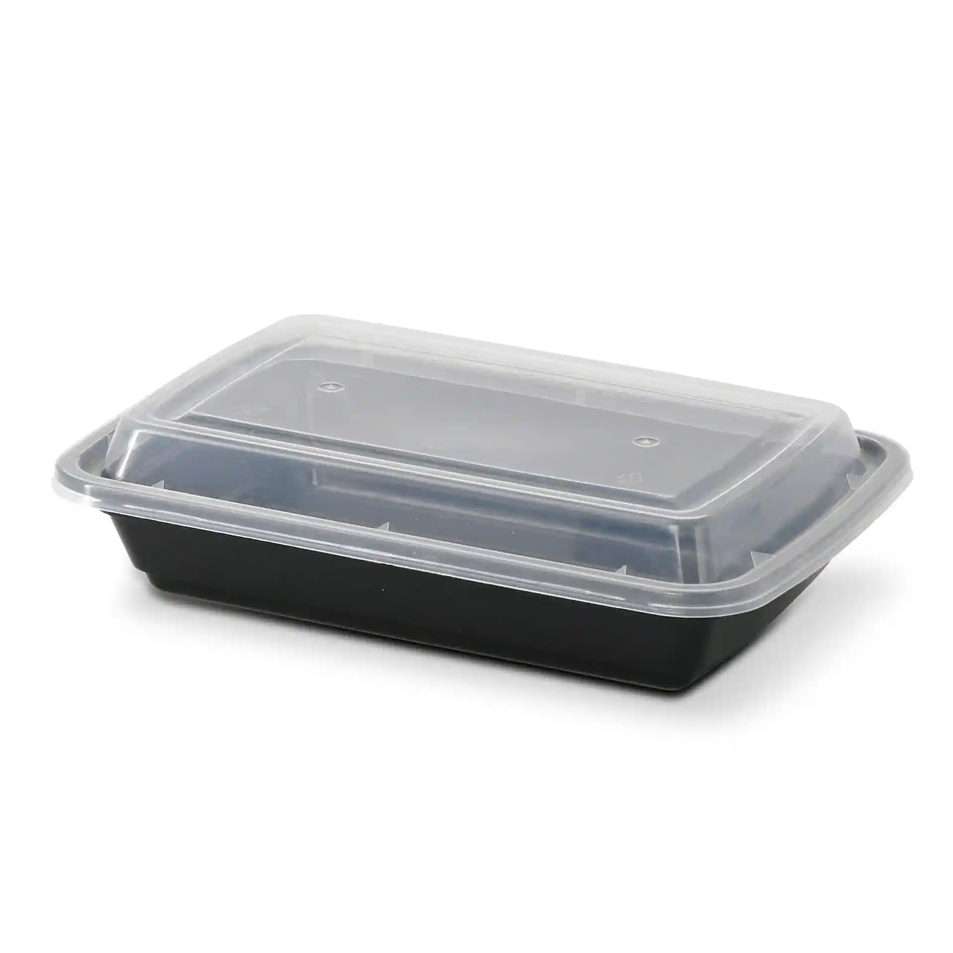 Conteneur rectangulaire réutilisable noir avec un couvercle transparent, mesurant 185 mm de long, 125 mm de large et 34 mm de haut.