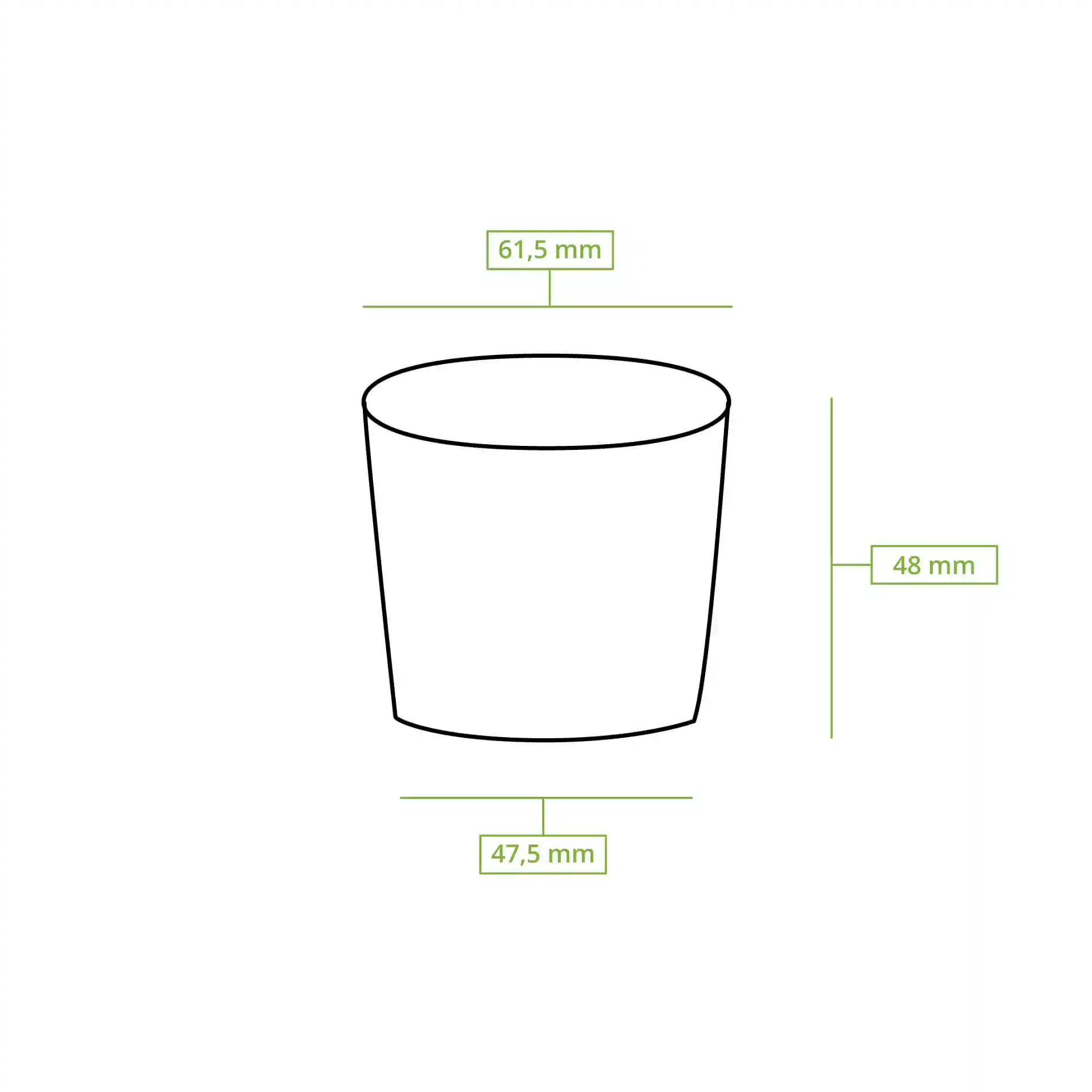 Dessin schématique d'un gobelet en papier avec dimensions : hauteur 47 mm, diamètre supérieur 62 mm, diamètre inférieur 47 mm.