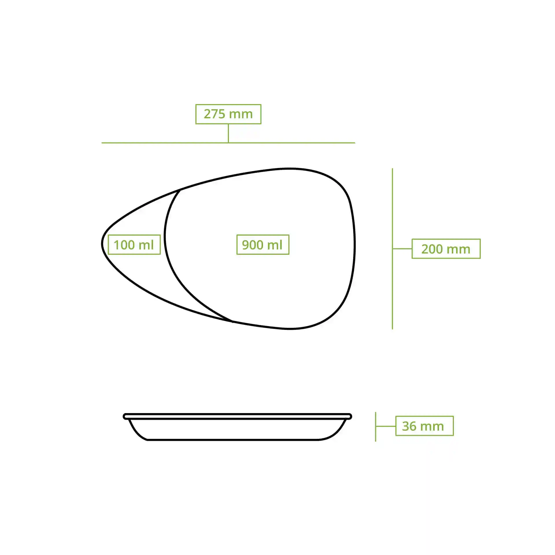 Dessin schématique d'une assiette divisée réutilisable avec des dimensions de 275 mm par 200 mm et deux compartiments étiquetés 100 ml et 900 ml.