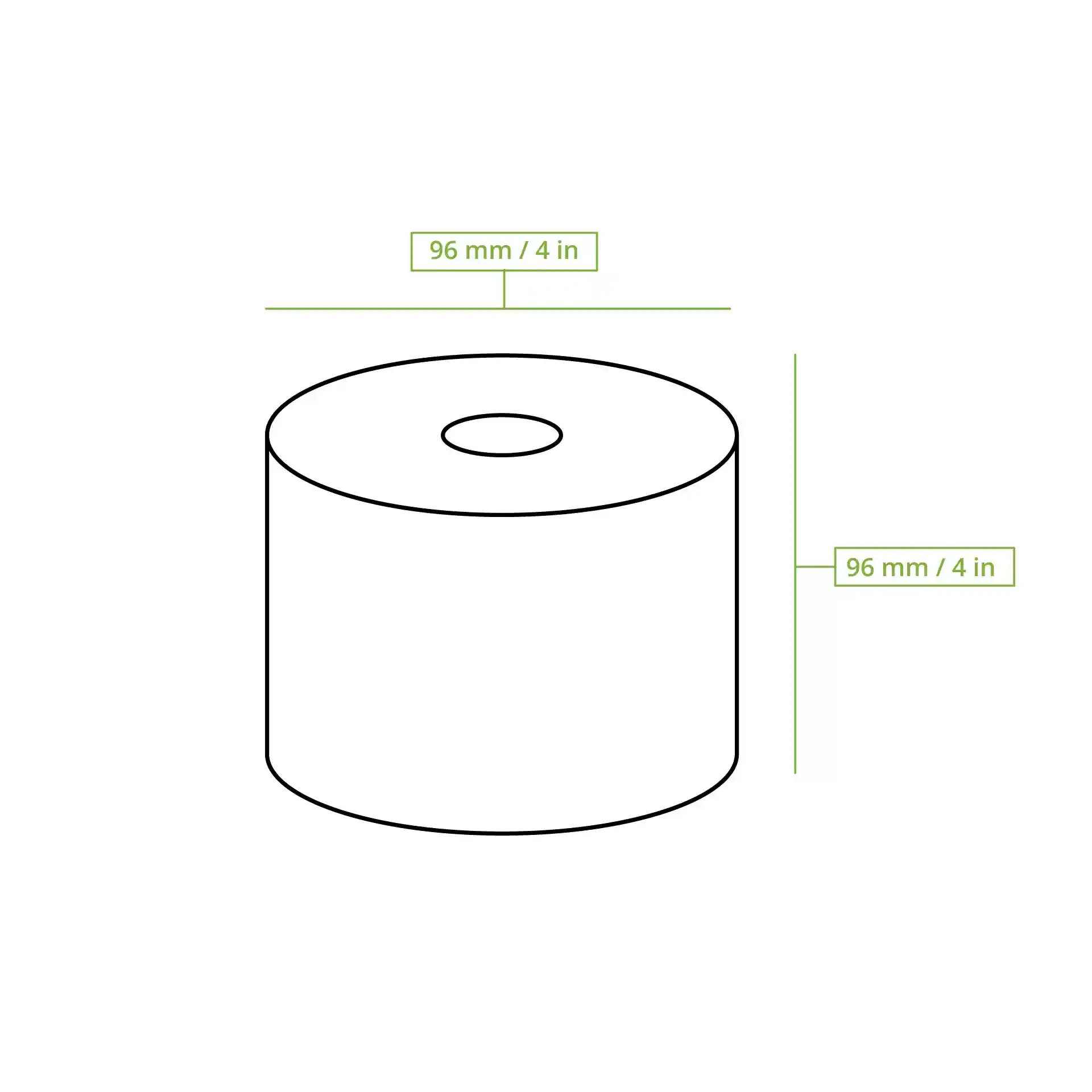 Dessin schématique d'un objet cylindrique avec un trou central, dimensions étiquetées comme 96 mm / 4 po.