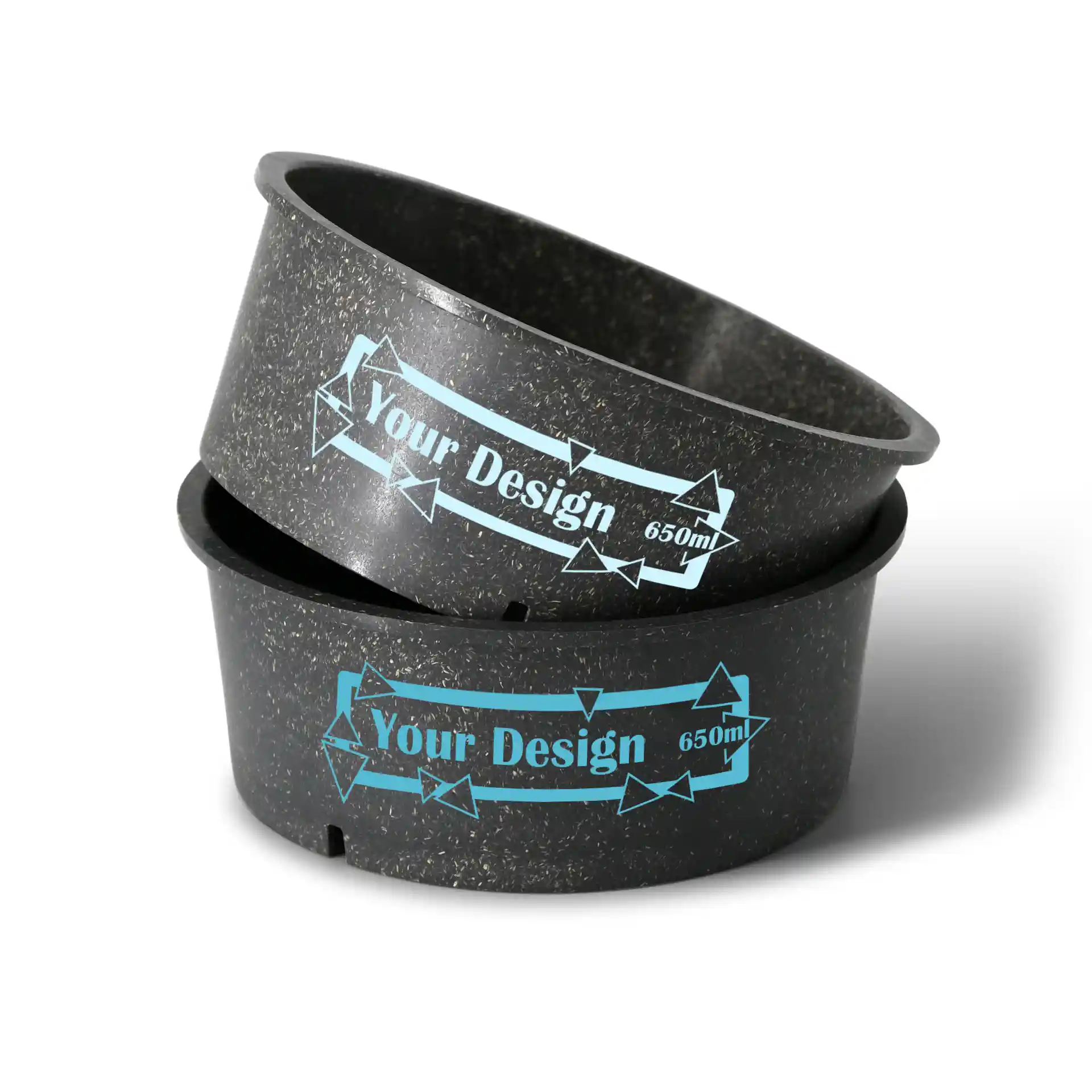 Bol rond réutilisable gris, capacité de 650 ml, avec un design imprimé et un diamètre de 150 mm en haut.