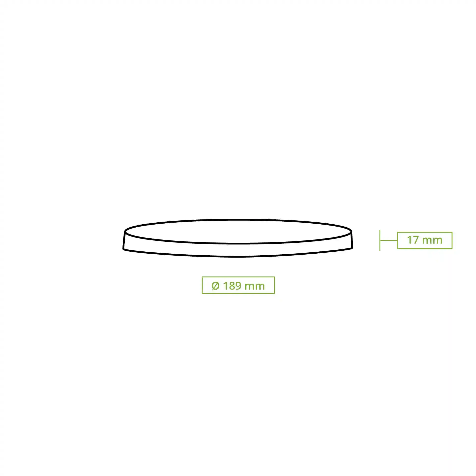 Dessin schématique d'un couvercle rond de gobelet avec un diamètre de 189 mm et une hauteur de 17 mm.