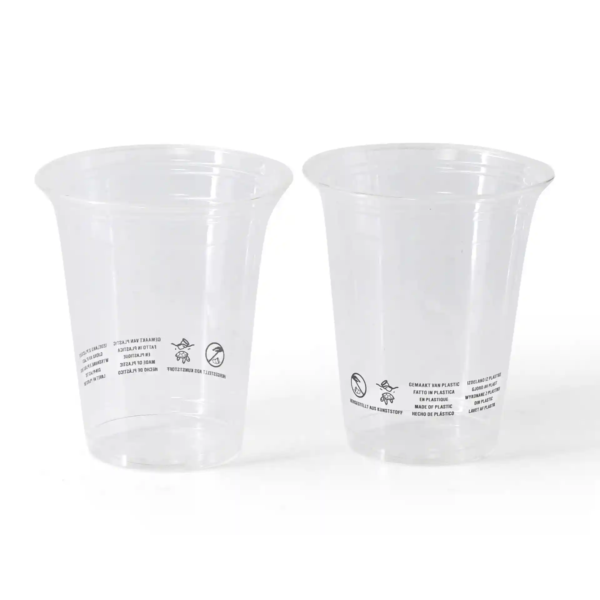 Gobelets en plastique PLA transparent, capacité de 300 ml, avec marquages visibles sur les côtés, deux gobelets montrés.