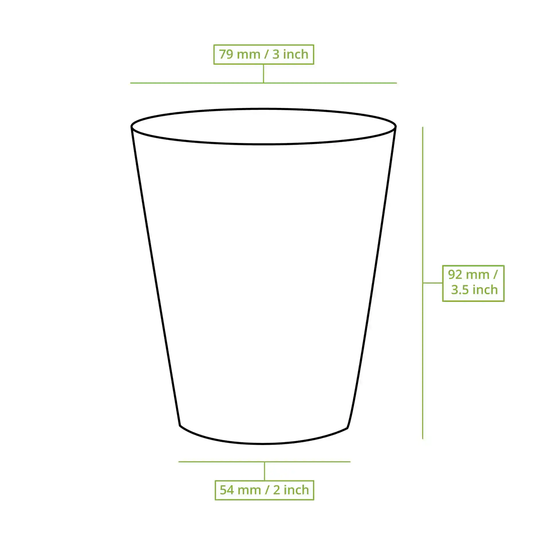 Dessin schématique d'un gobelet réutilisable avec dimensions : 79 mm de diamètre en haut, 92 mm de hauteur, 54 mm de diamètre en bas.