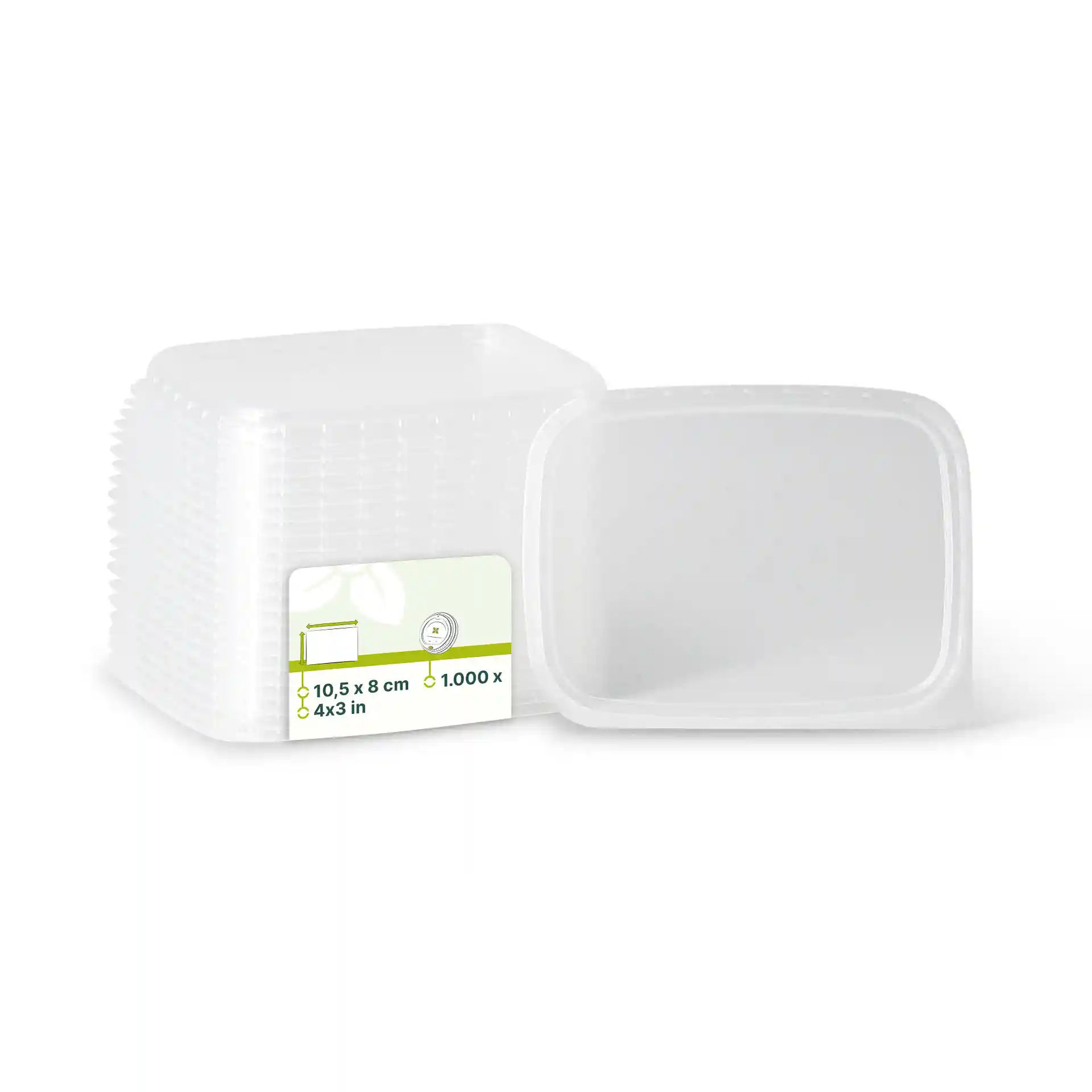 Couvercles rectangulaires transparents en PP, mesurant 10,5 x 8 cm, avec une étiquette indiquant les dimensions et la quantité.