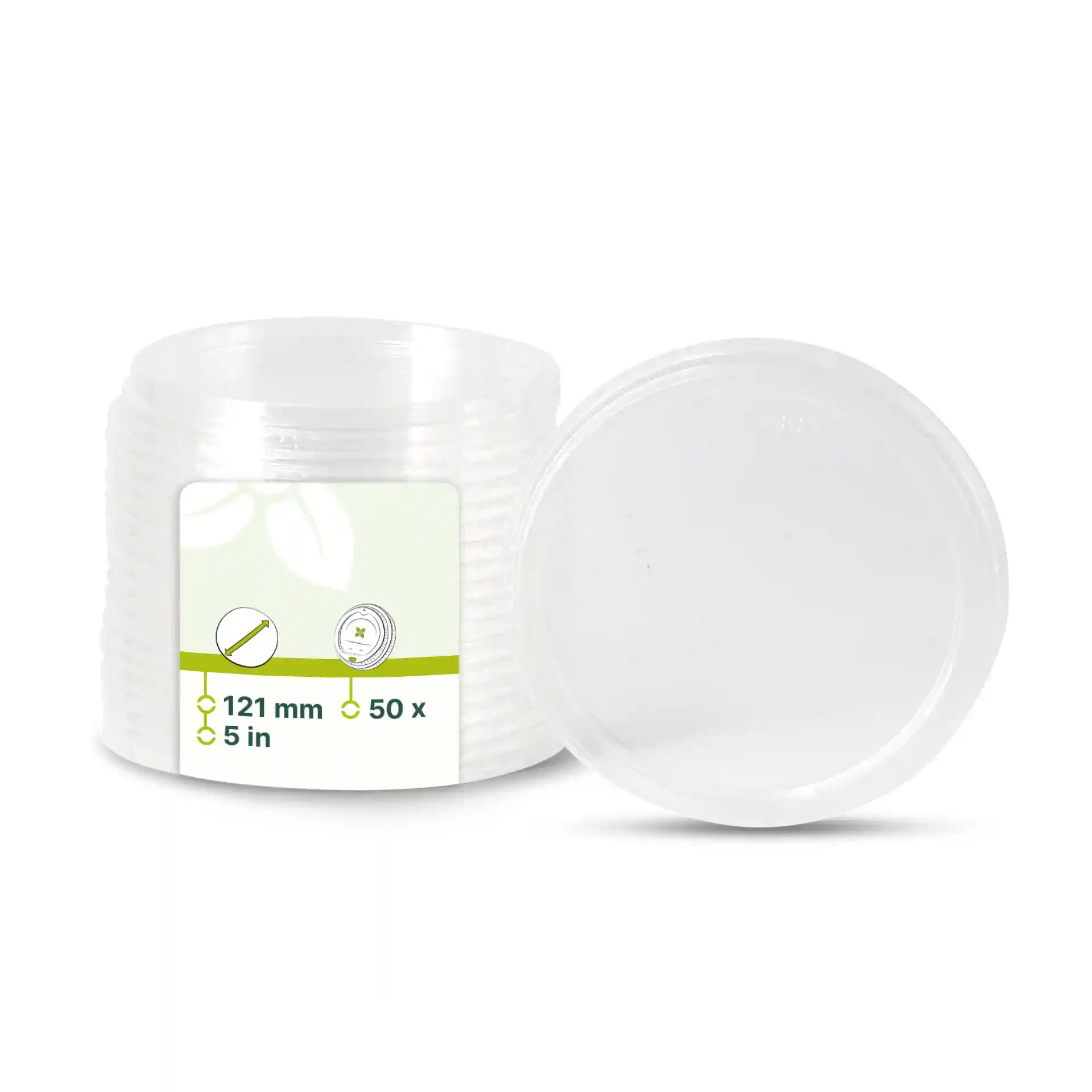 Couvercles ronds transparents pour pots à emporter, diamètre de 121 mm, avec une pile de plusieurs couvercles montrée.