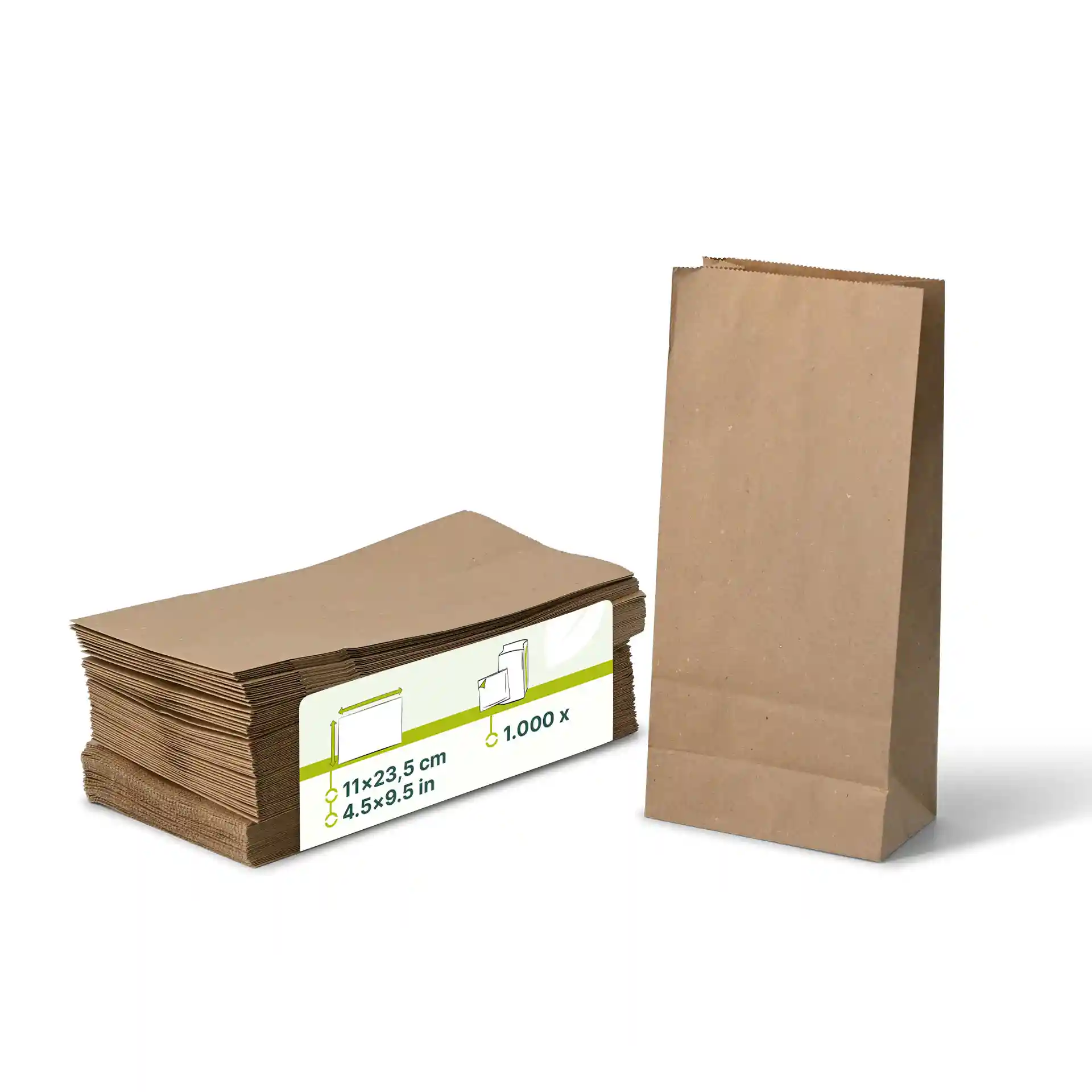 Sacs en papier kraft marron à fond plat, 11 x 6 x 23,5 cm, empilés avec un sac debout.