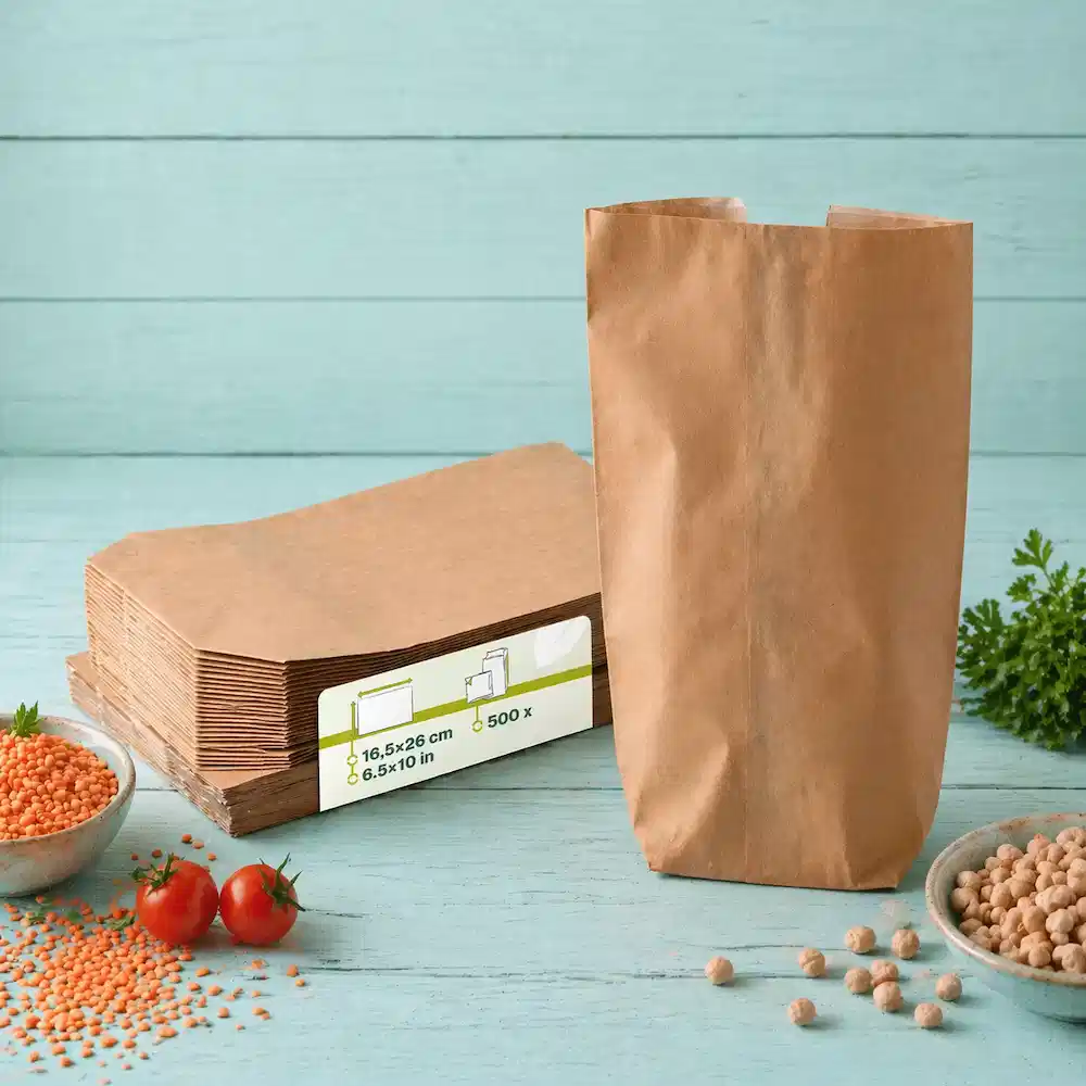 Sacs en papier marron avec un tas de sacs plats derrière, lentilles et tomates cerises dans des bols, sur un fond en bois bleu.