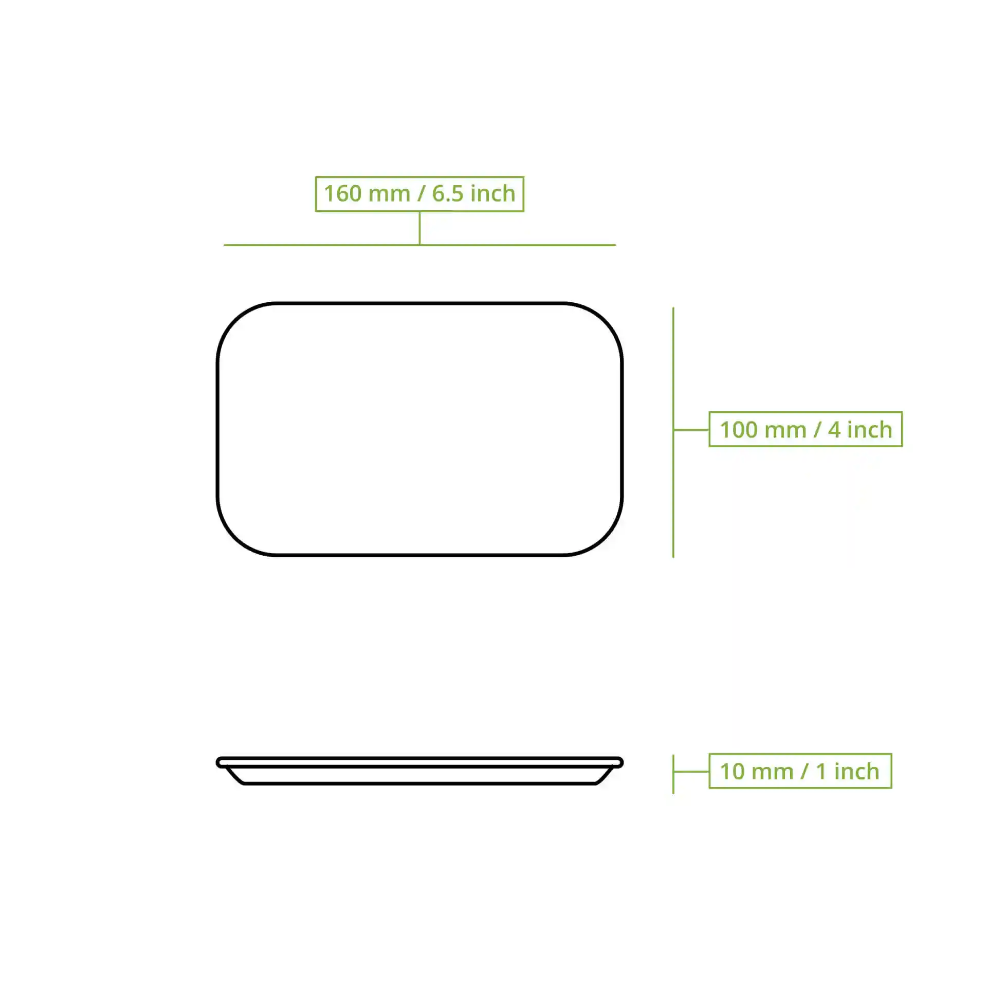 Dessin schématique d'une assiette en papier rectangulaire de 160 mm sur 100 mm et d'une hauteur de 10 mm.